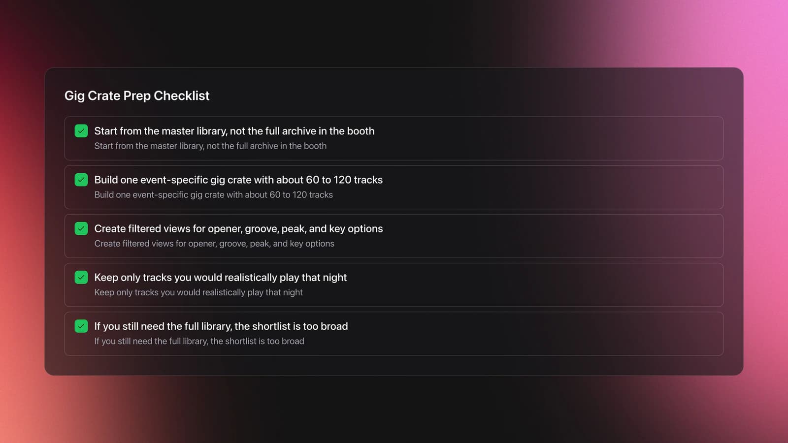 Checklist card for DJ gig prep showing how to build a focused event-specific crate from a master music library