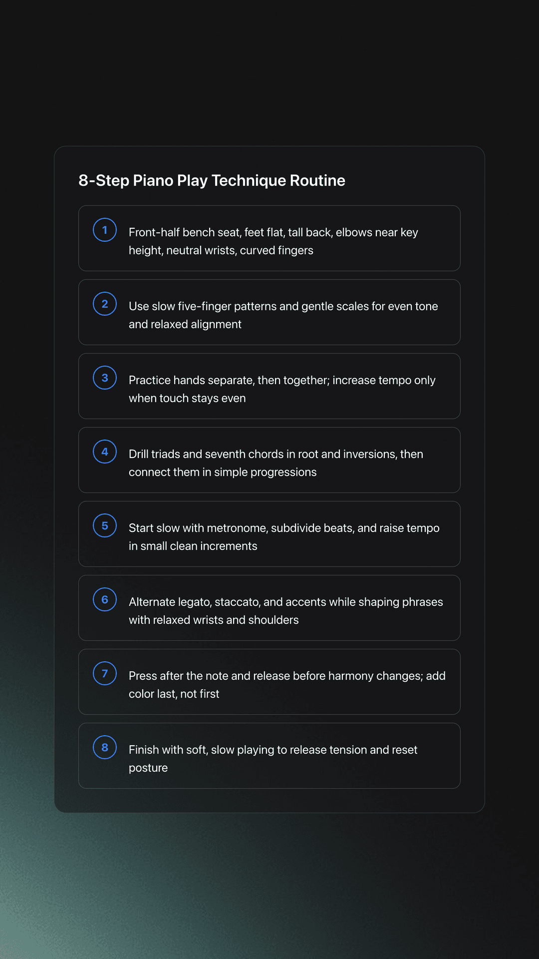 Steps card showing a five-part condensed piano play routine covering setup, warm up, scales, harmony, and timing