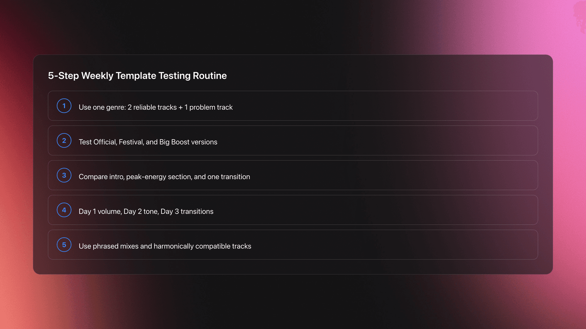Steps card showing a repeatable five-step practice routine for evaluating Platinum Notes 10 Processing Templates with focused genre-based testing, daily listening goals, and fair comparison rules.