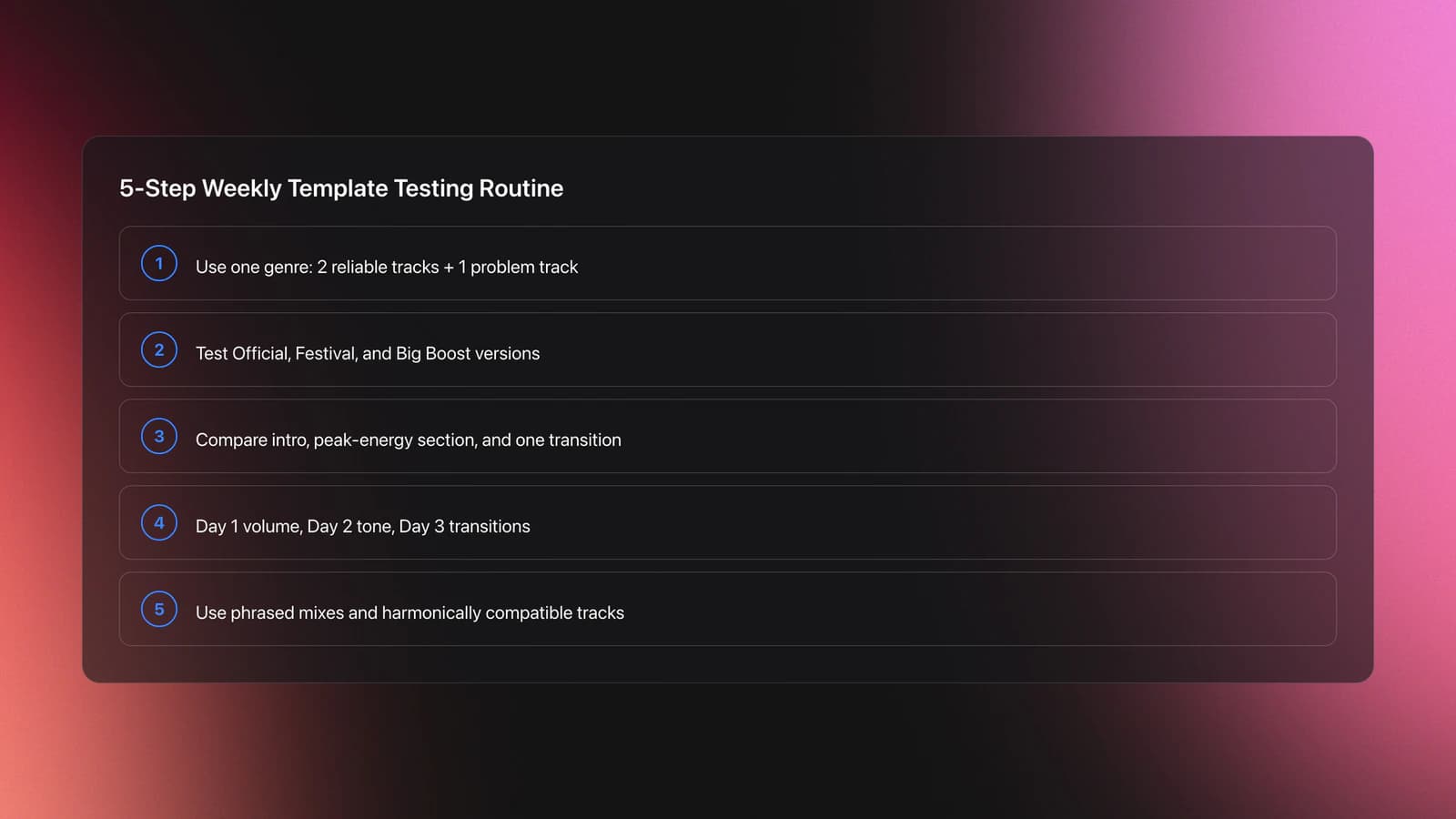 Steps card showing a repeatable five-step practice routine for evaluating Platinum Notes 10 Processing Templates with focused genre-based testing, daily listening goals, and fair comparison rules.