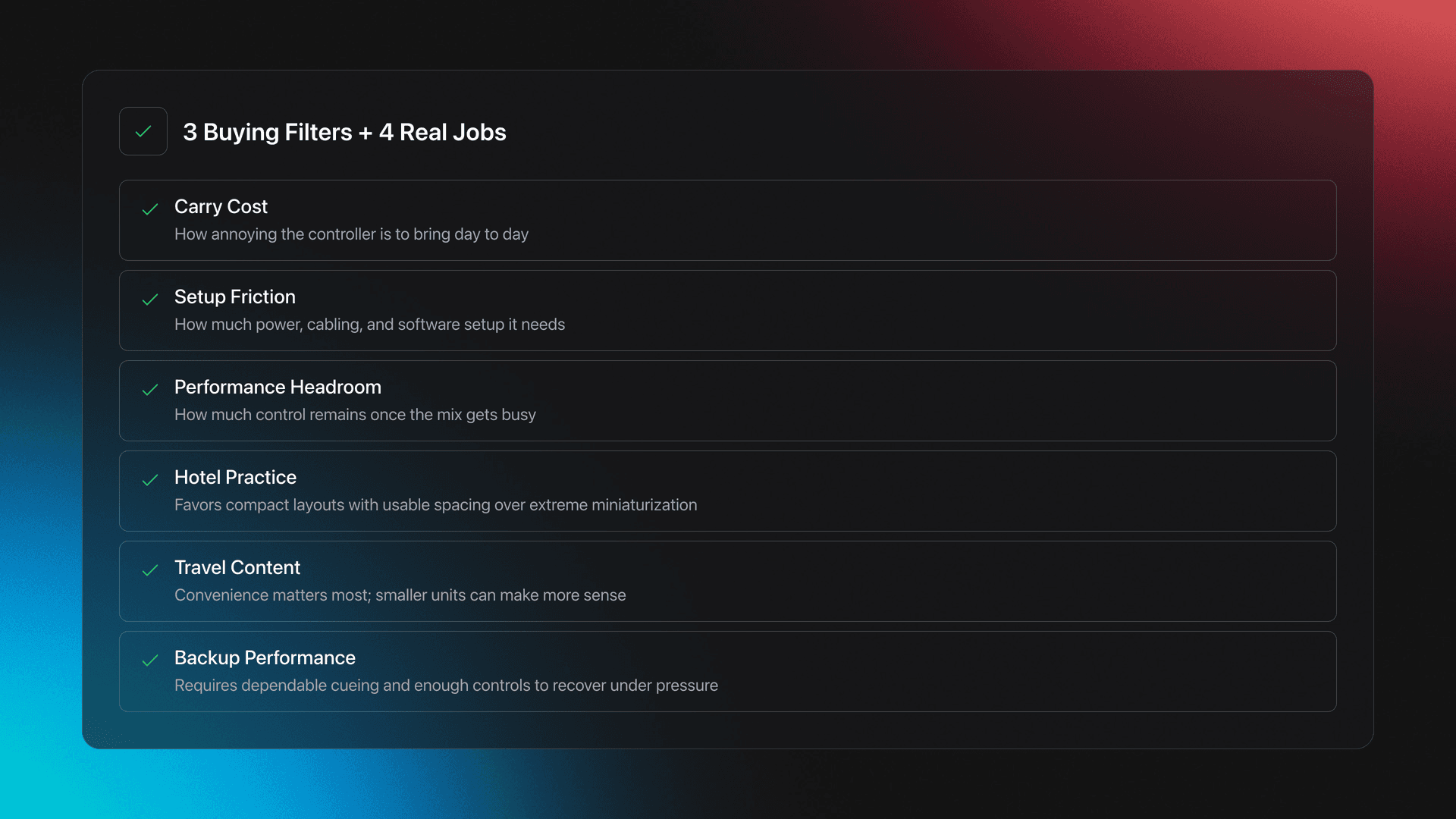 Feature card showing three core buying filters for a portable DJ controller and the main use cases they affect