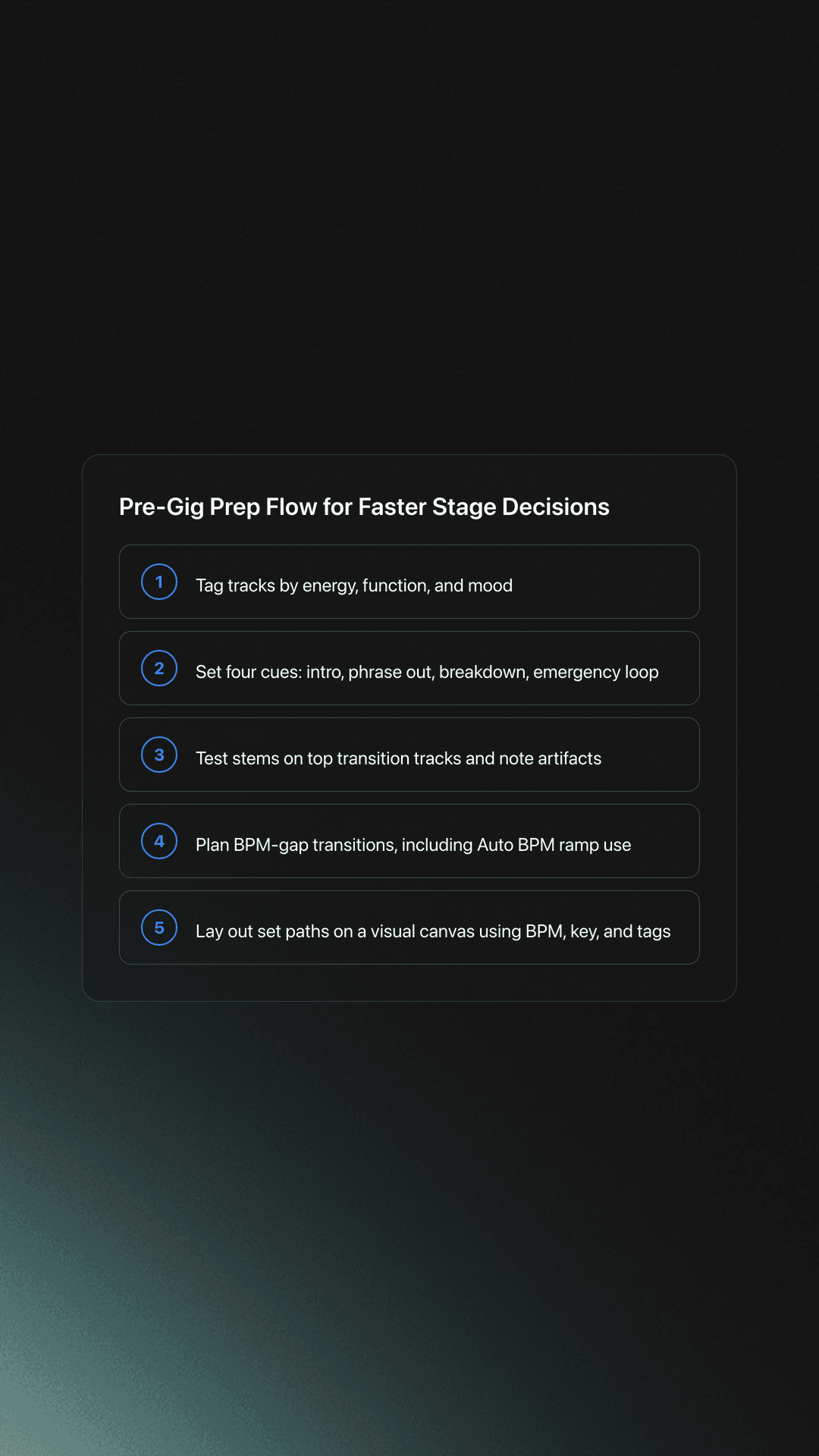 Five-step preparation workflow for professional DJ controller sets covering tagging, cue points, stems testing, tempo transitions, and set planning