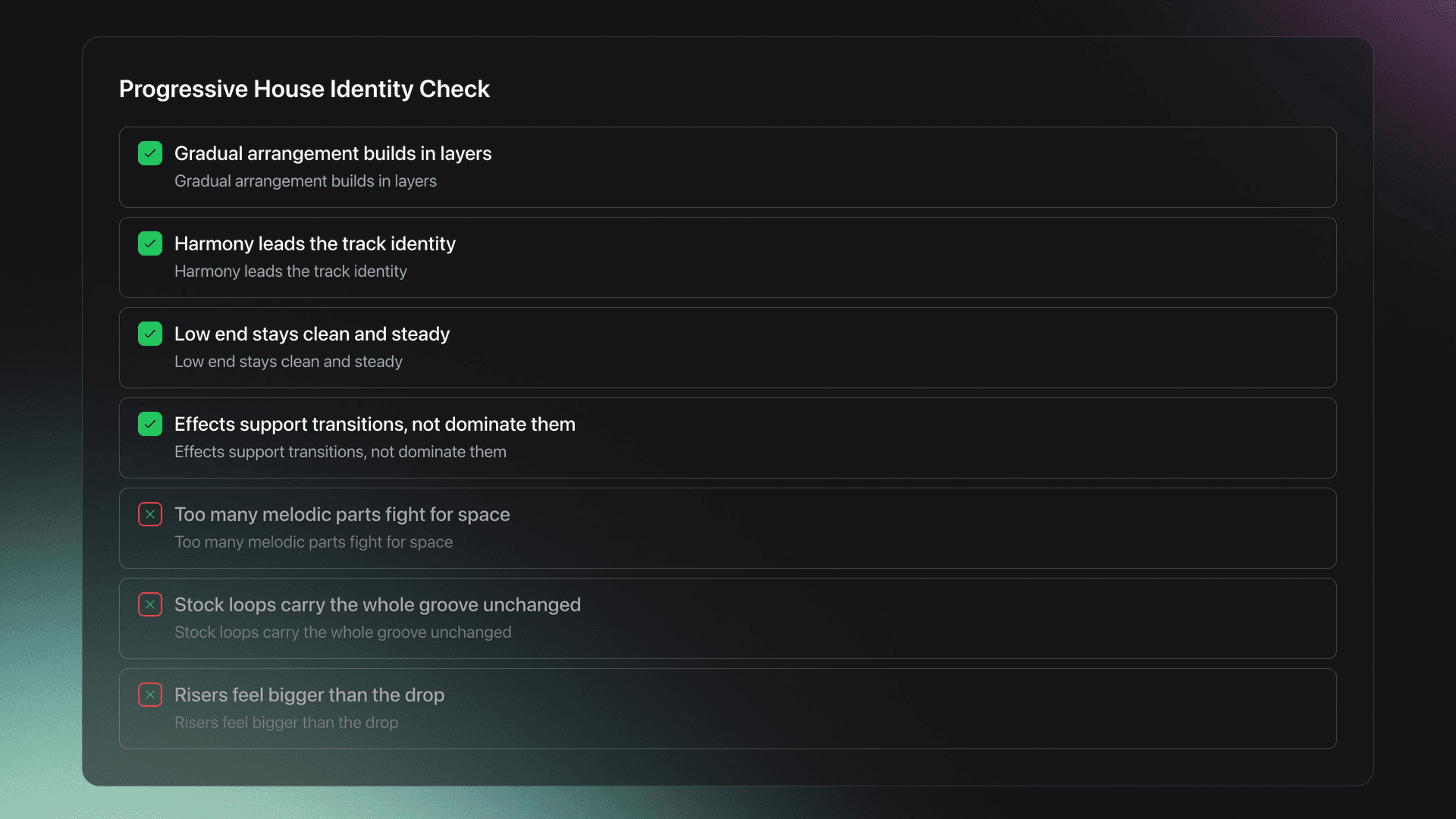 Checklist card showing what defines progressive house music and what common mistakes push it away from the style