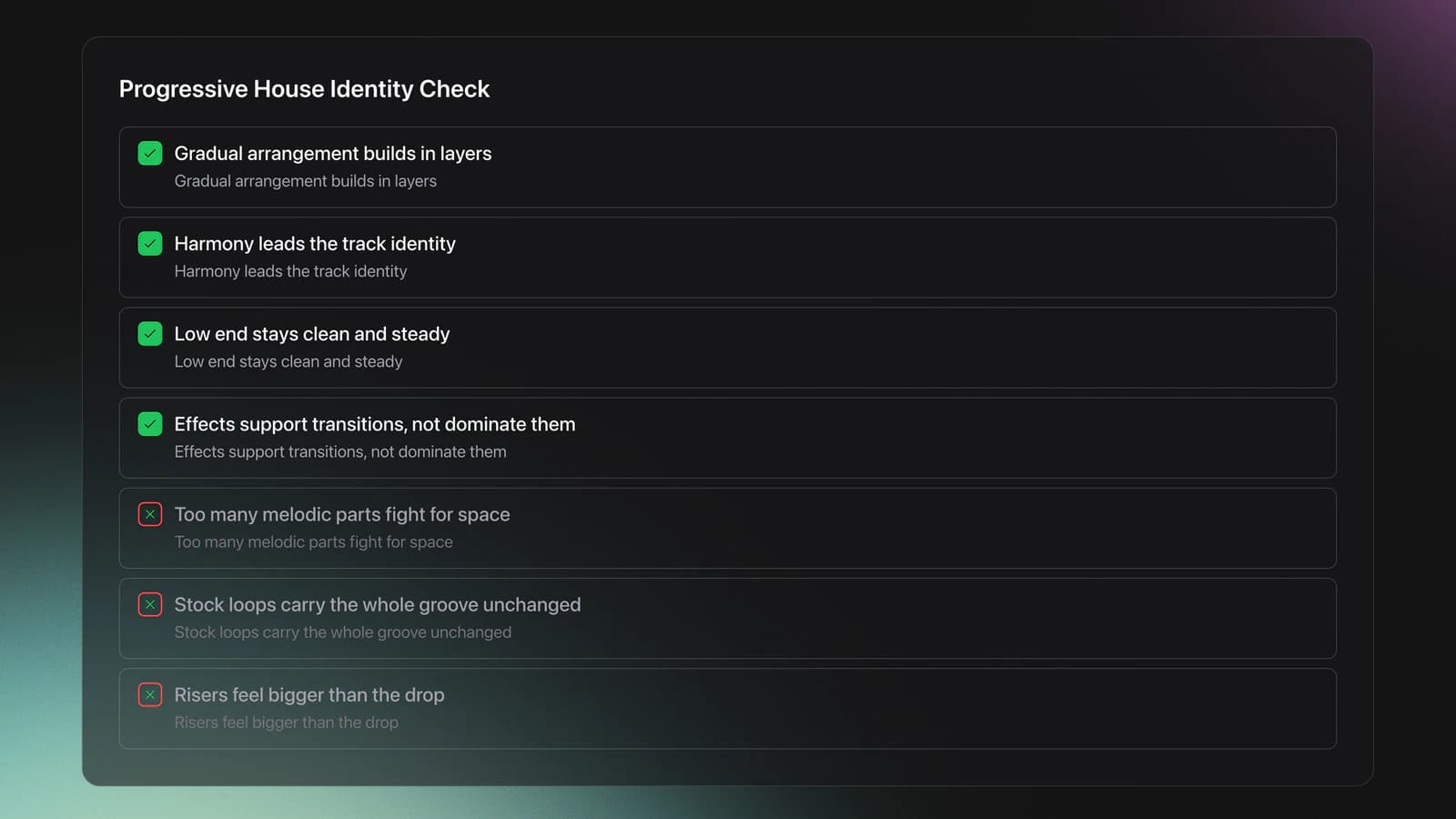 Checklist card showing what defines progressive house music and what common mistakes push it away from the style