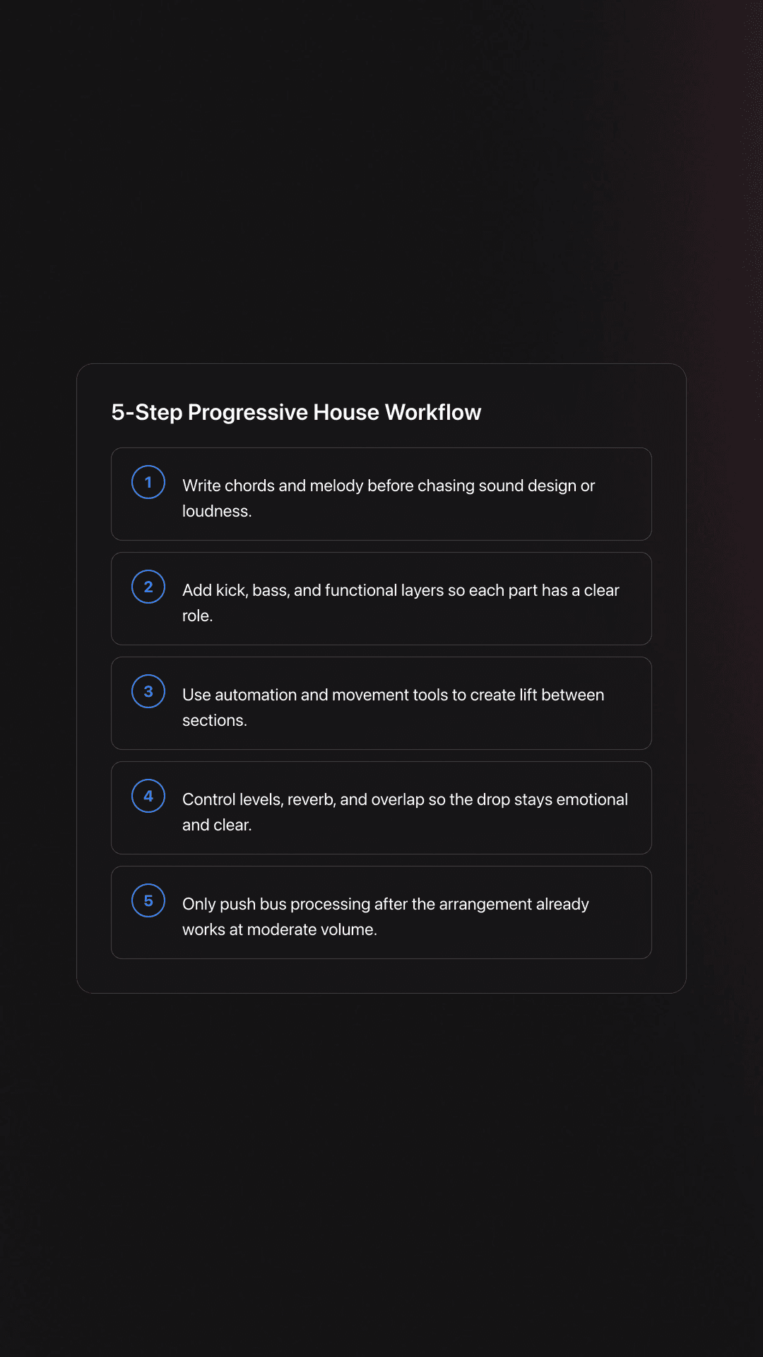 Steps card showing the recommended order for building progressive house music from harmony to loudness