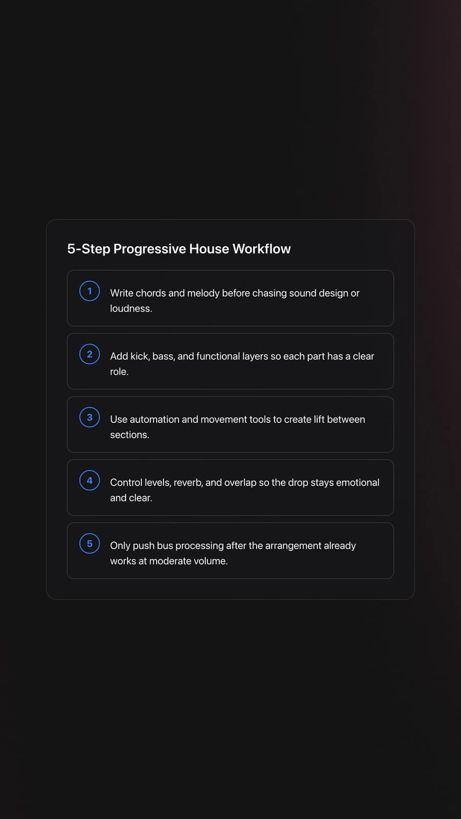 Steps card showing the recommended order for building progressive house music from harmony to loudness