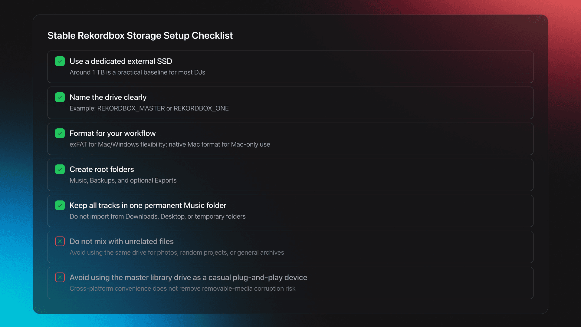 Checklist card for setting up Rekordbox library storage with items covering dedicated SSD use, drive naming, formatting, folder structure, and what to avoid