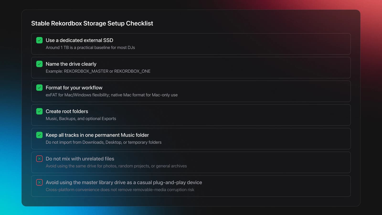 Checklist card for setting up Rekordbox library storage with items covering dedicated SSD use, drive naming, formatting, folder structure, and what to avoid