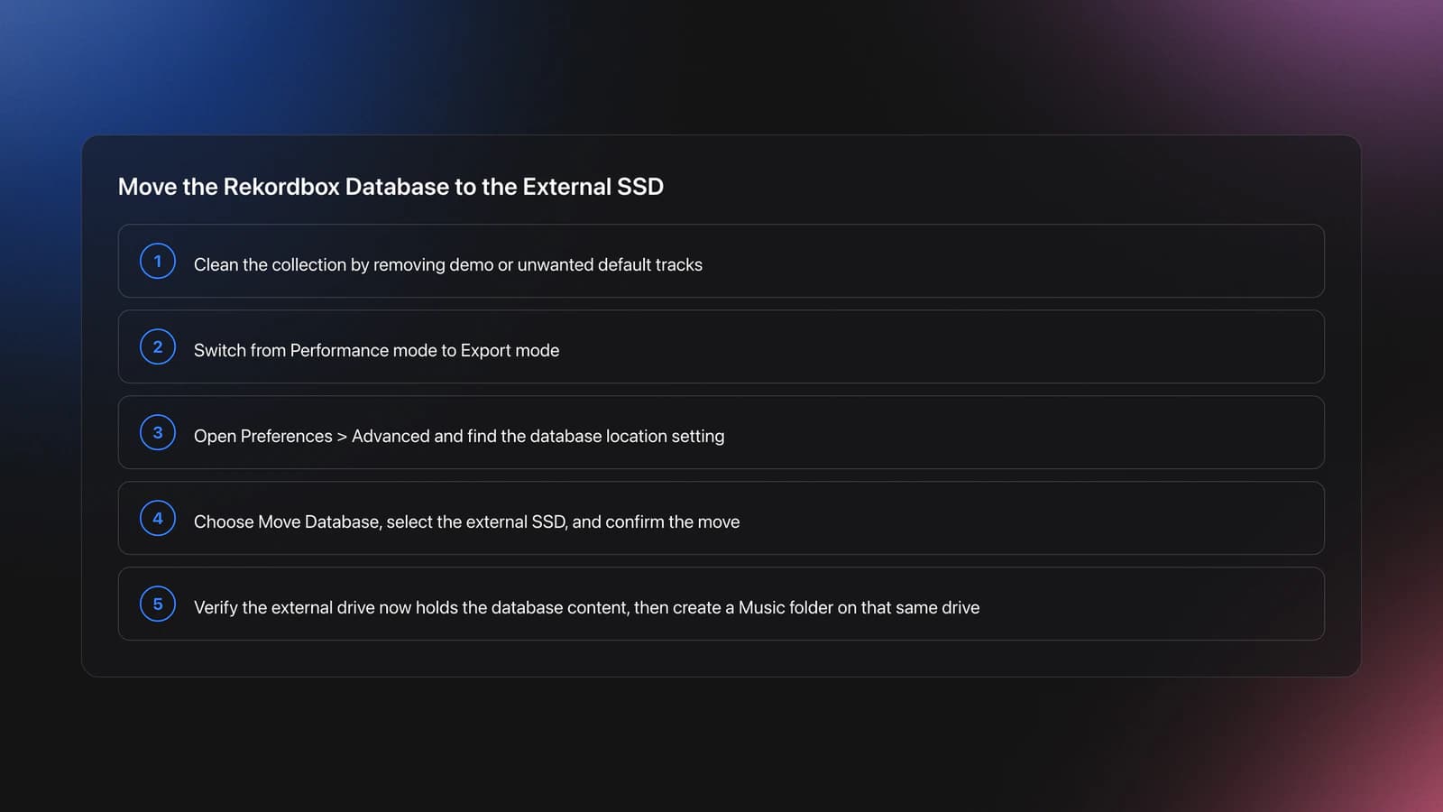 Five-step card showing how to move the Rekordbox database from the computer to an external SSD and verify the new location