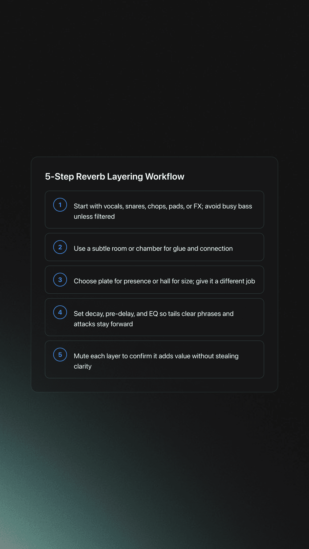 Steps card outlining a five-step workflow for building Reverb Layering from source selection to context testing