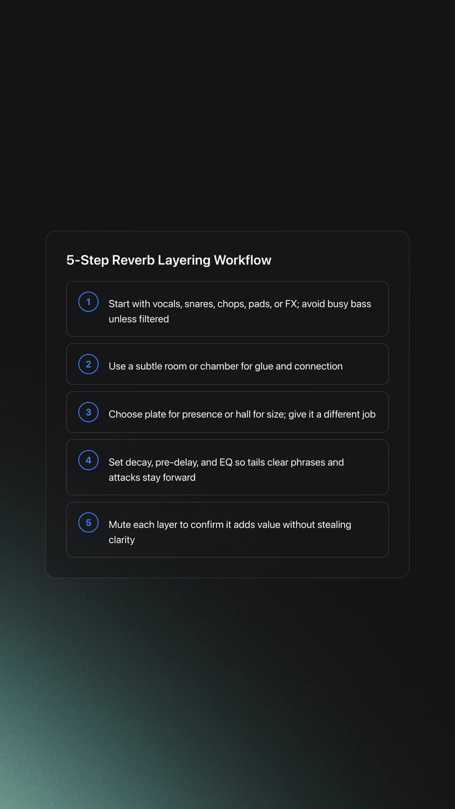 Steps card outlining a five-step workflow for building Reverb Layering from source selection to context testing