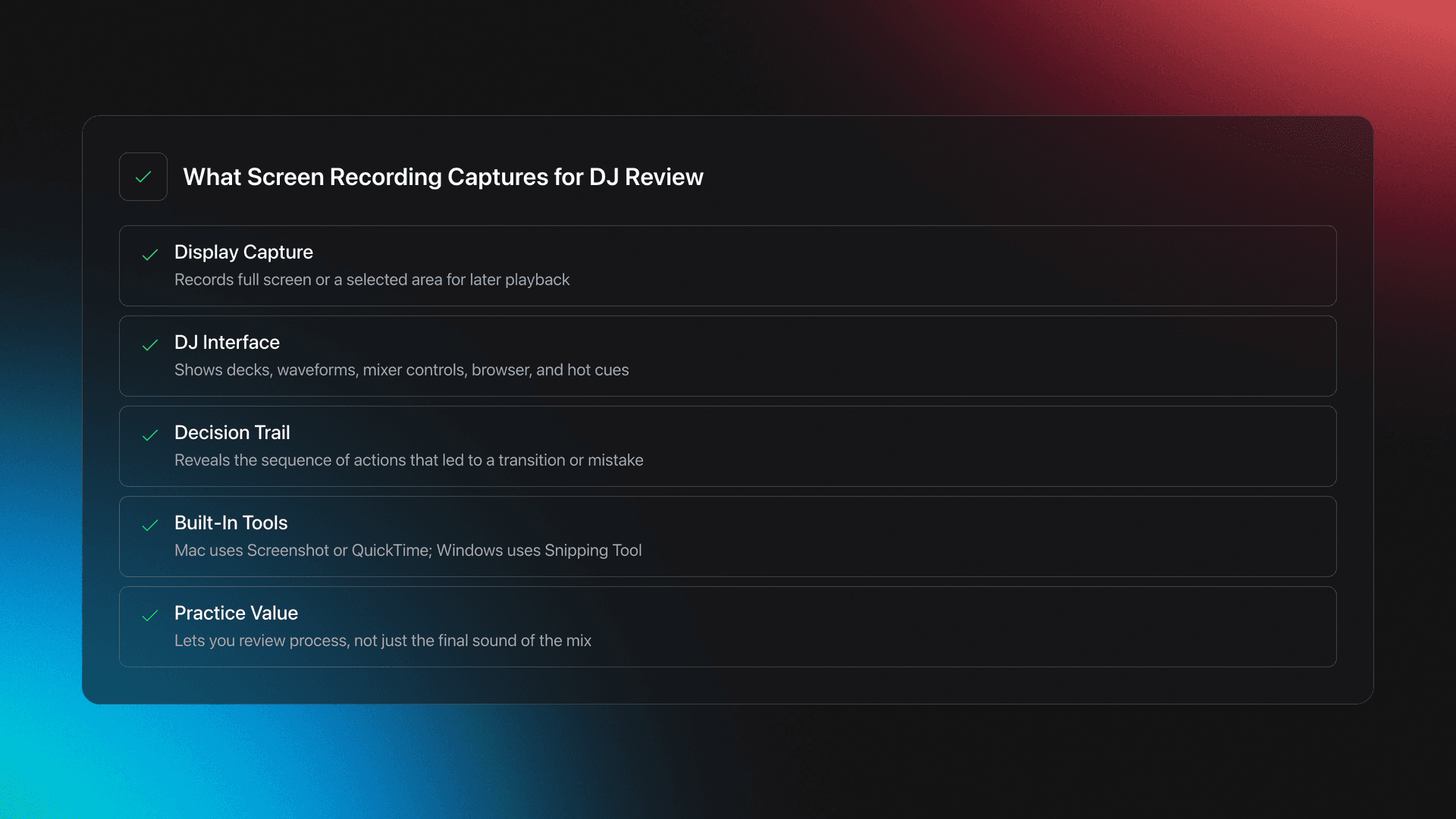 Feature card explaining that screen recording captures the DJ software view, key controls, and the sequence of decisions for later review