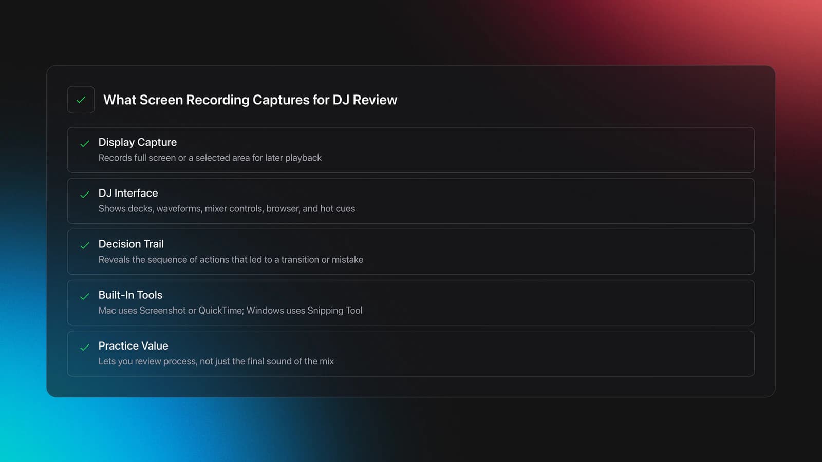 Feature card explaining that screen recording captures the DJ software view, key controls, and the sequence of decisions for later review
