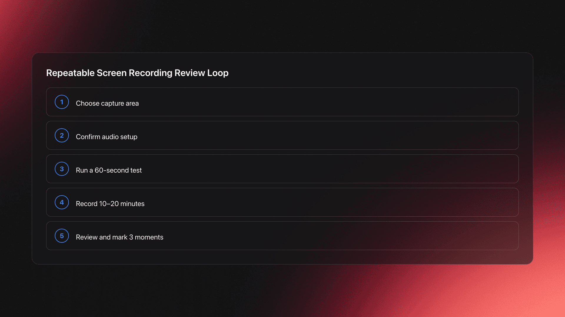 Step-by-step card showing a five-step screen recording workflow for DJ practice review