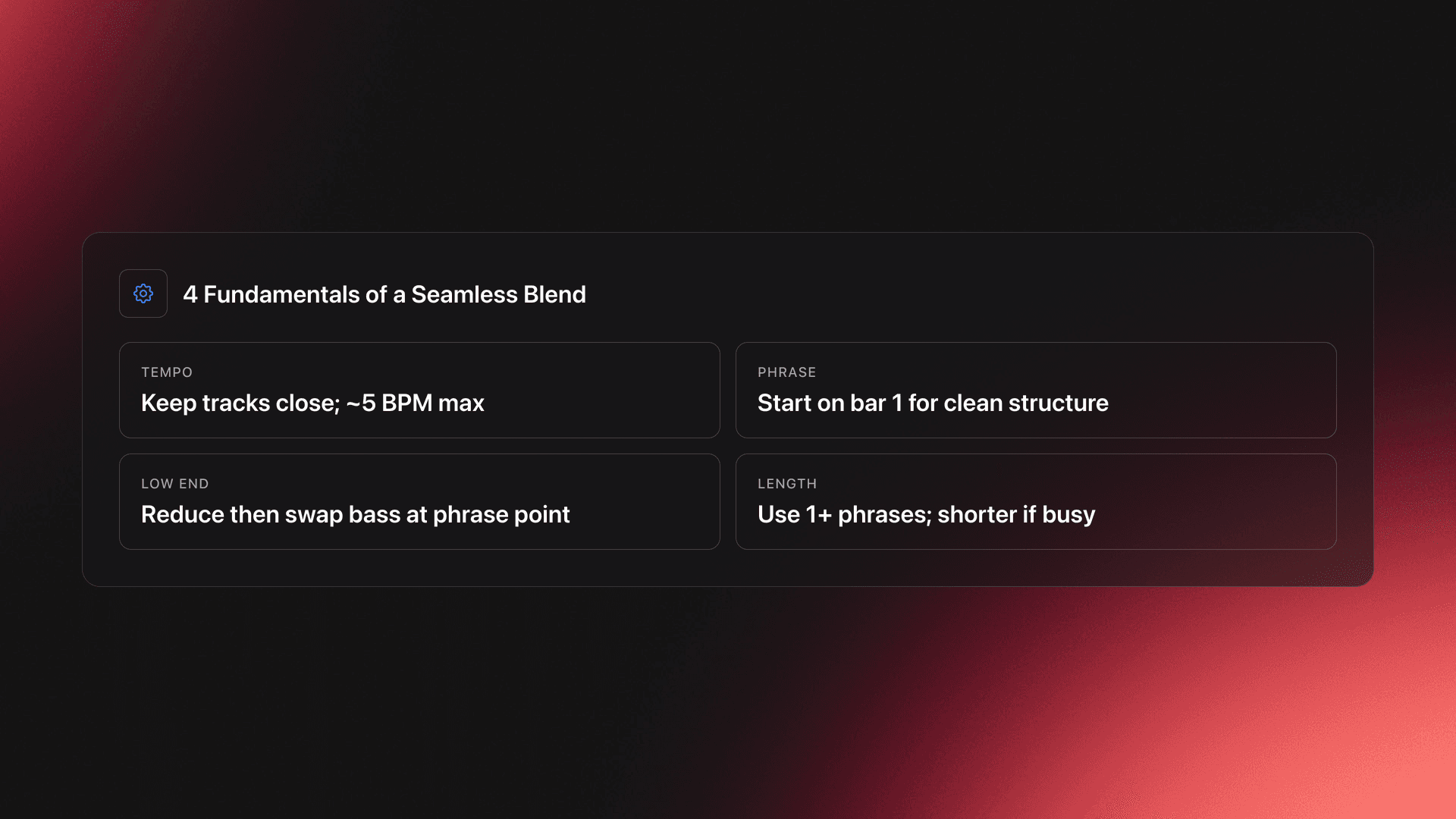Specifications-style card listing the four core elements of a seamless blend: tempo, phrase, low-end control, and transition length