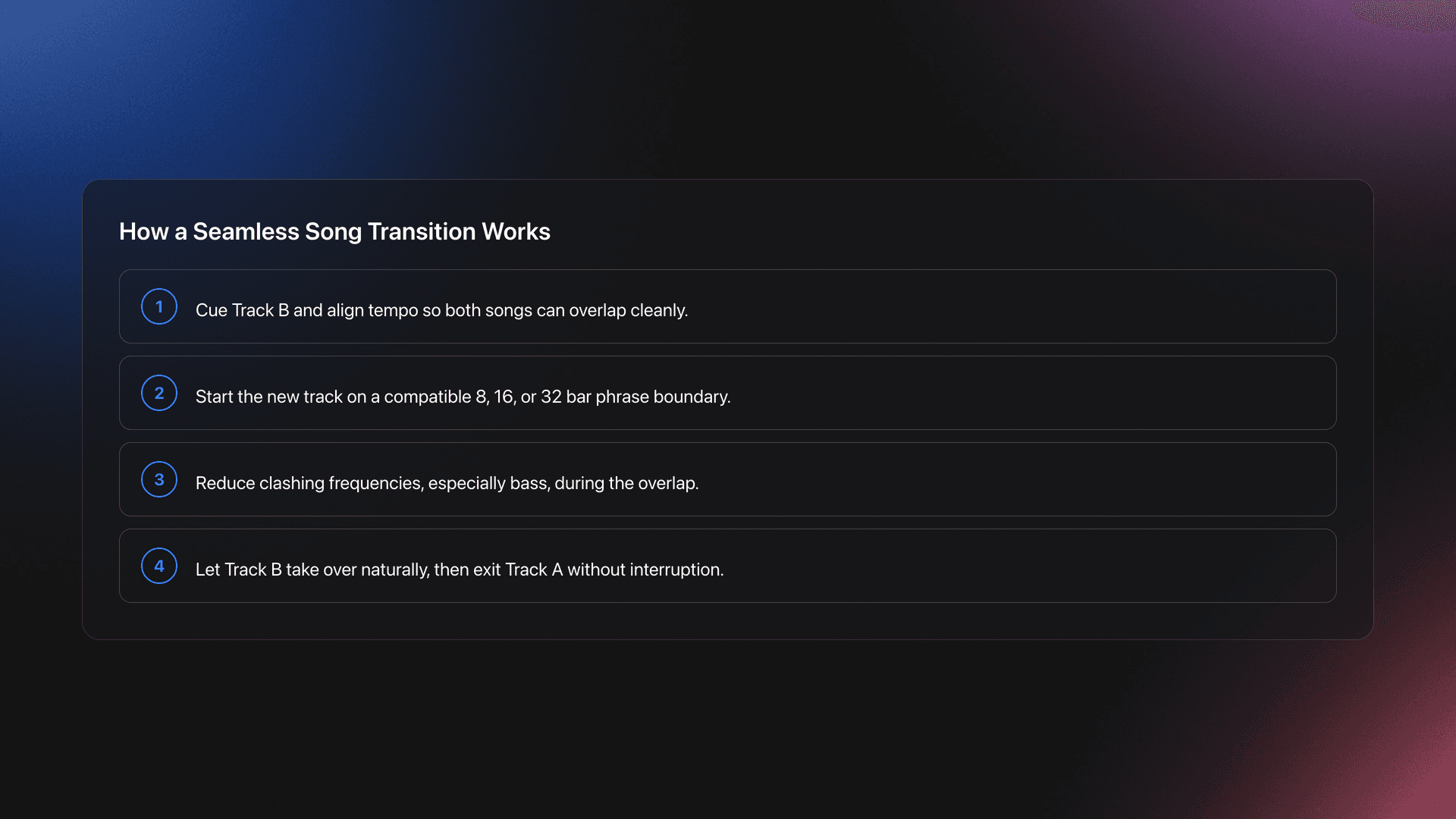 Steps card showing the four-part process of a seamless song transition: match tracks, enter on a phrase, control EQ, and hand off the groove