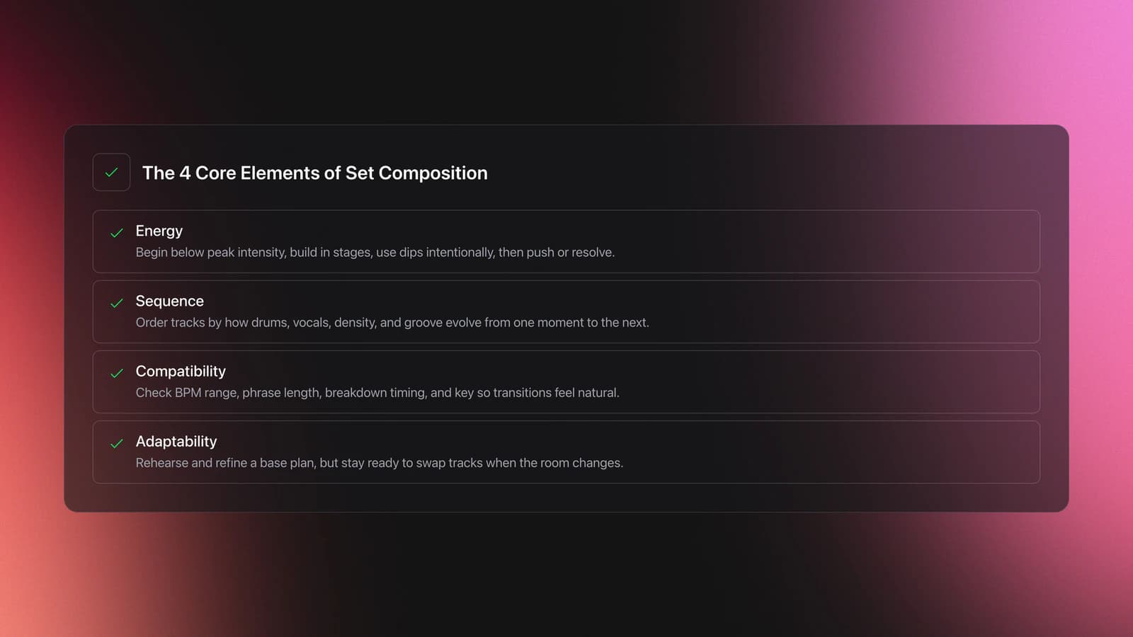 Feature card listing the four core elements of set composition: energy, sequence, compatibility, and adaptability