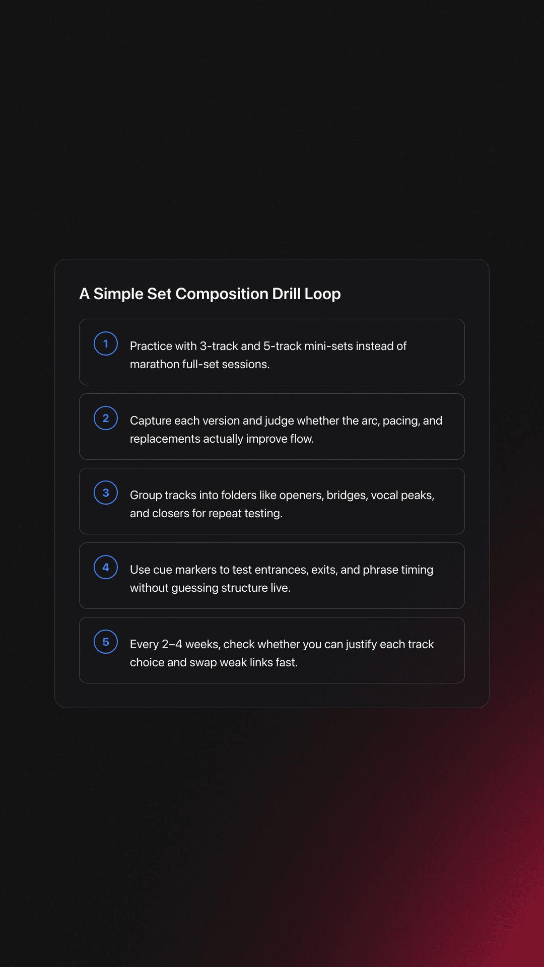 Five-step practice workflow for improving set composition through short sequence drills, recording, organization, cue points, and review cycles