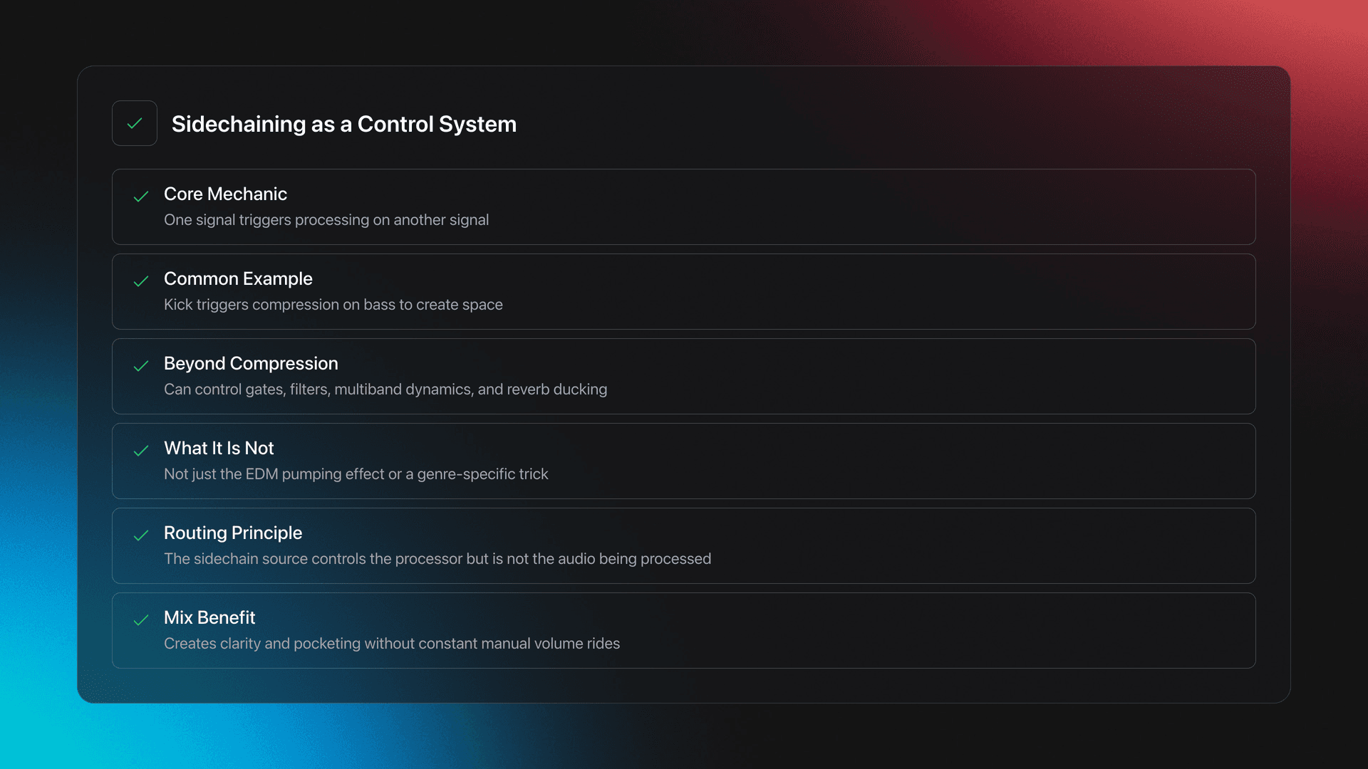 Feature card explaining sidechaining as a routing and control system, with examples and mix benefits