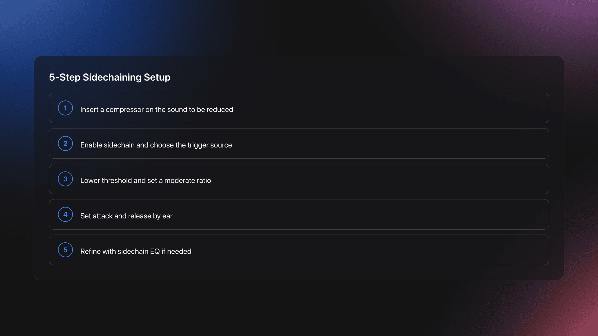Step-by-step card showing how to set up sidechaining from inserting a compressor to refining with sidechain EQ