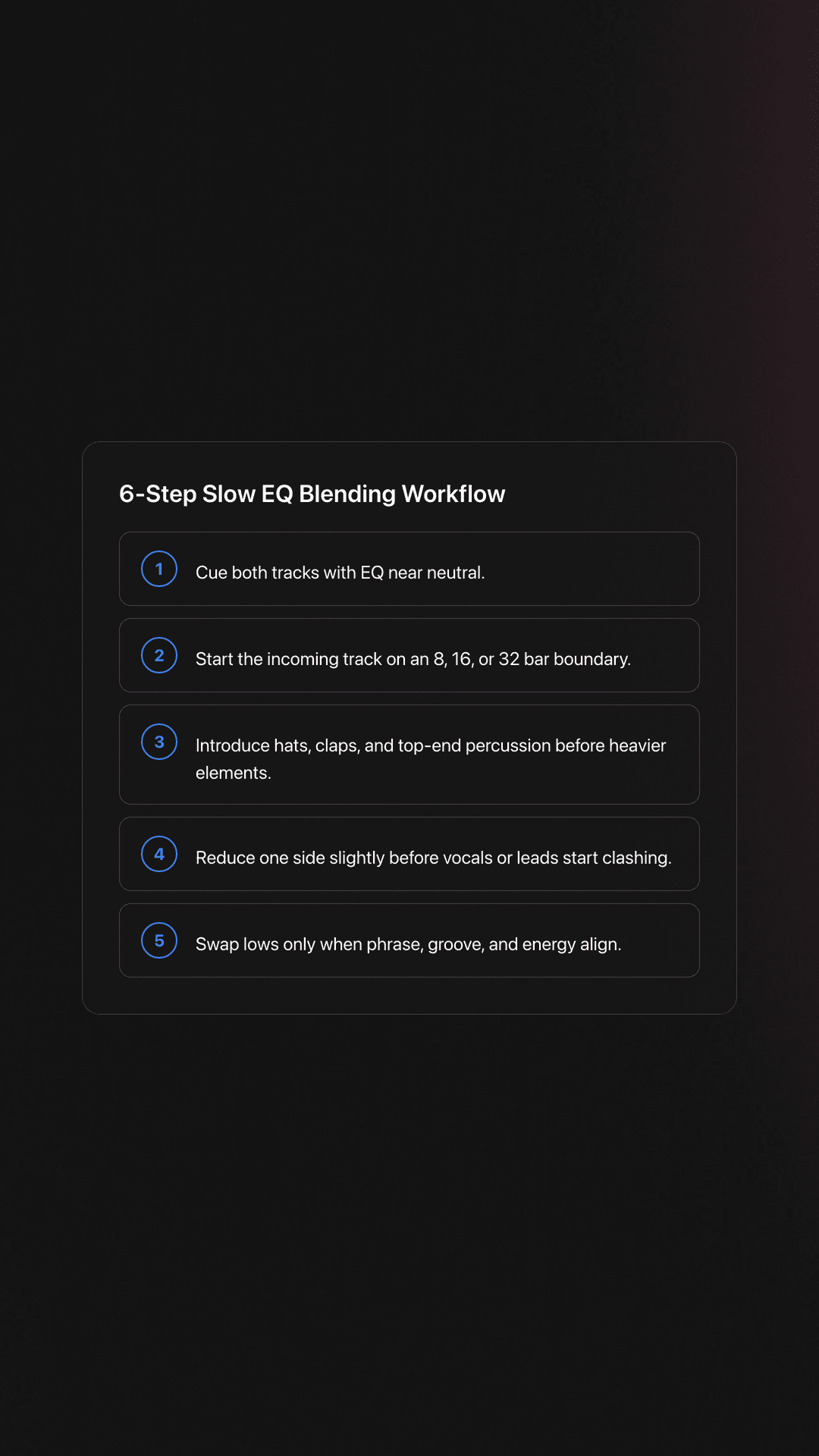 Step-by-step card showing the workflow for slow EQ blending from beatmatching to bass handoff