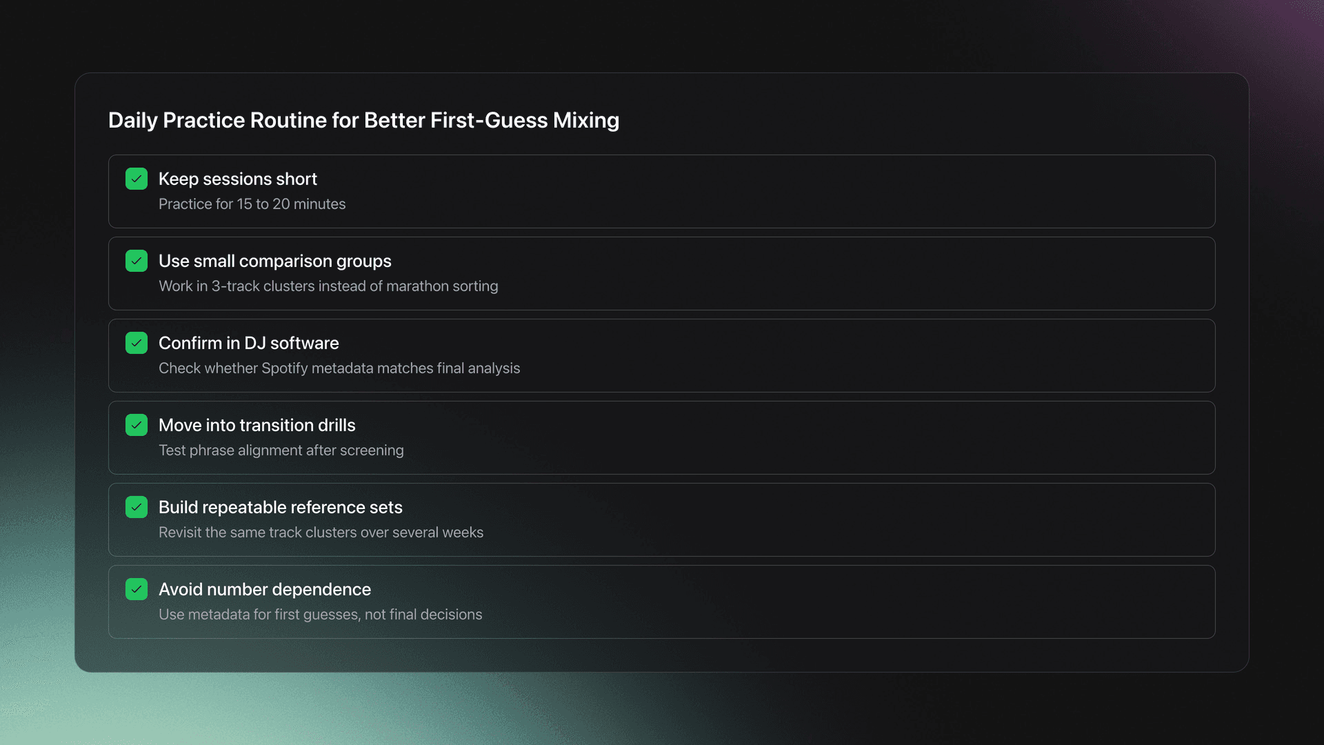 Checklist card showing a focused daily practice routine for Spotify BPM and Key Analysis