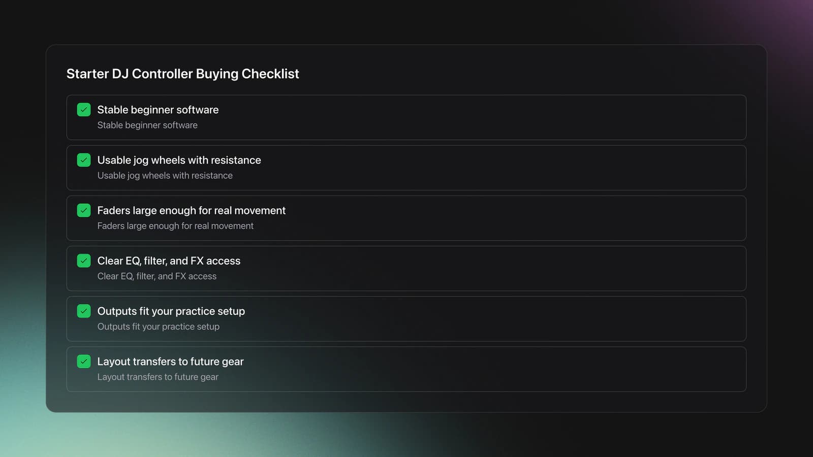 Checklist card showing six essentials for choosing a starter DJ controller, including software, jog wheels, faders, controls, outputs, and transferable layout