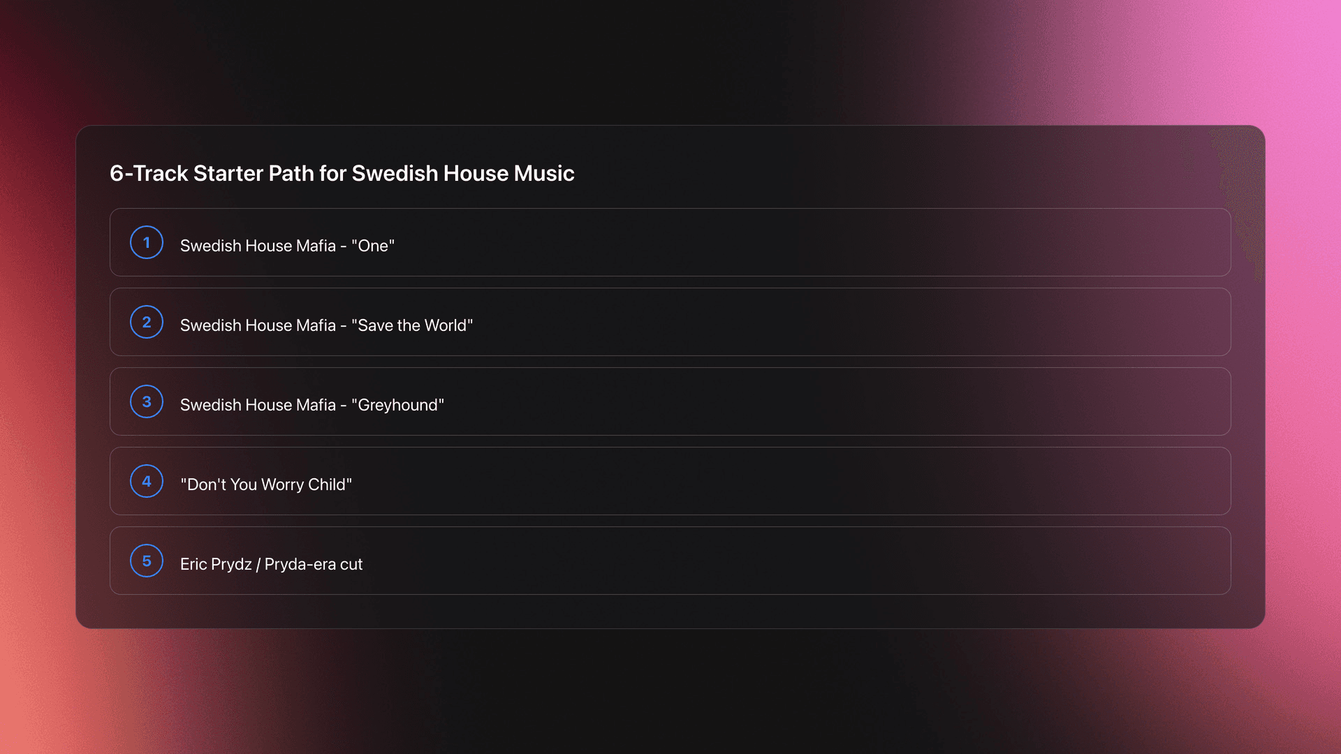 Step-by-step starter listening sequence for Swedish house music beginning with One and moving through vocal, instrumental, anthem, and progressive examples