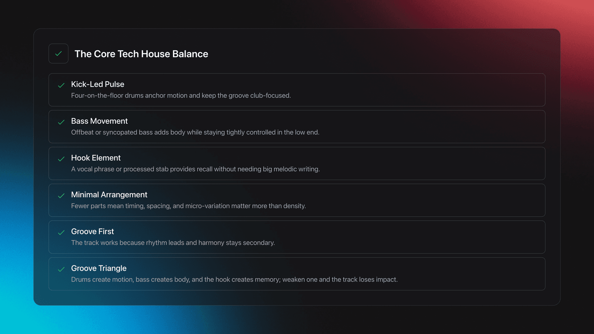 Feature card summarizing the defining traits of tech house and the groove triangle of drums, bass, and hook