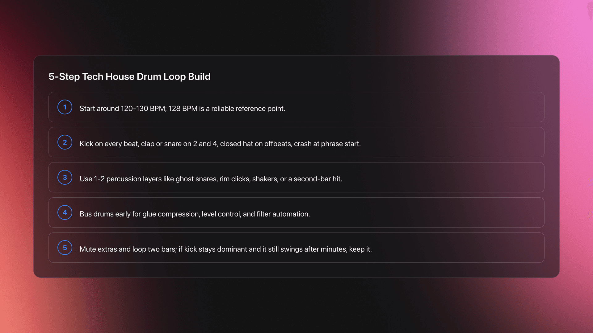 Step-by-step card showing how to build a basic tech house drum loop from tempo and skeleton to processing and testing