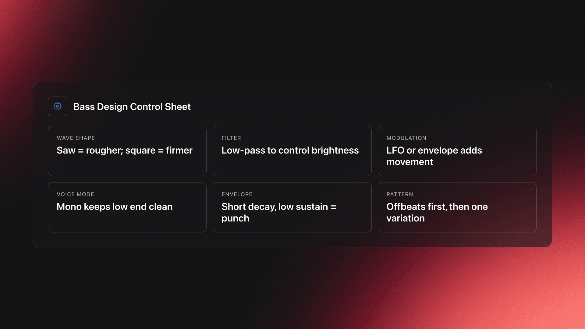 Specifications card listing the main controls for building a tech house bass including wave shape, filter, modulation, mono mode, envelope, and pattern