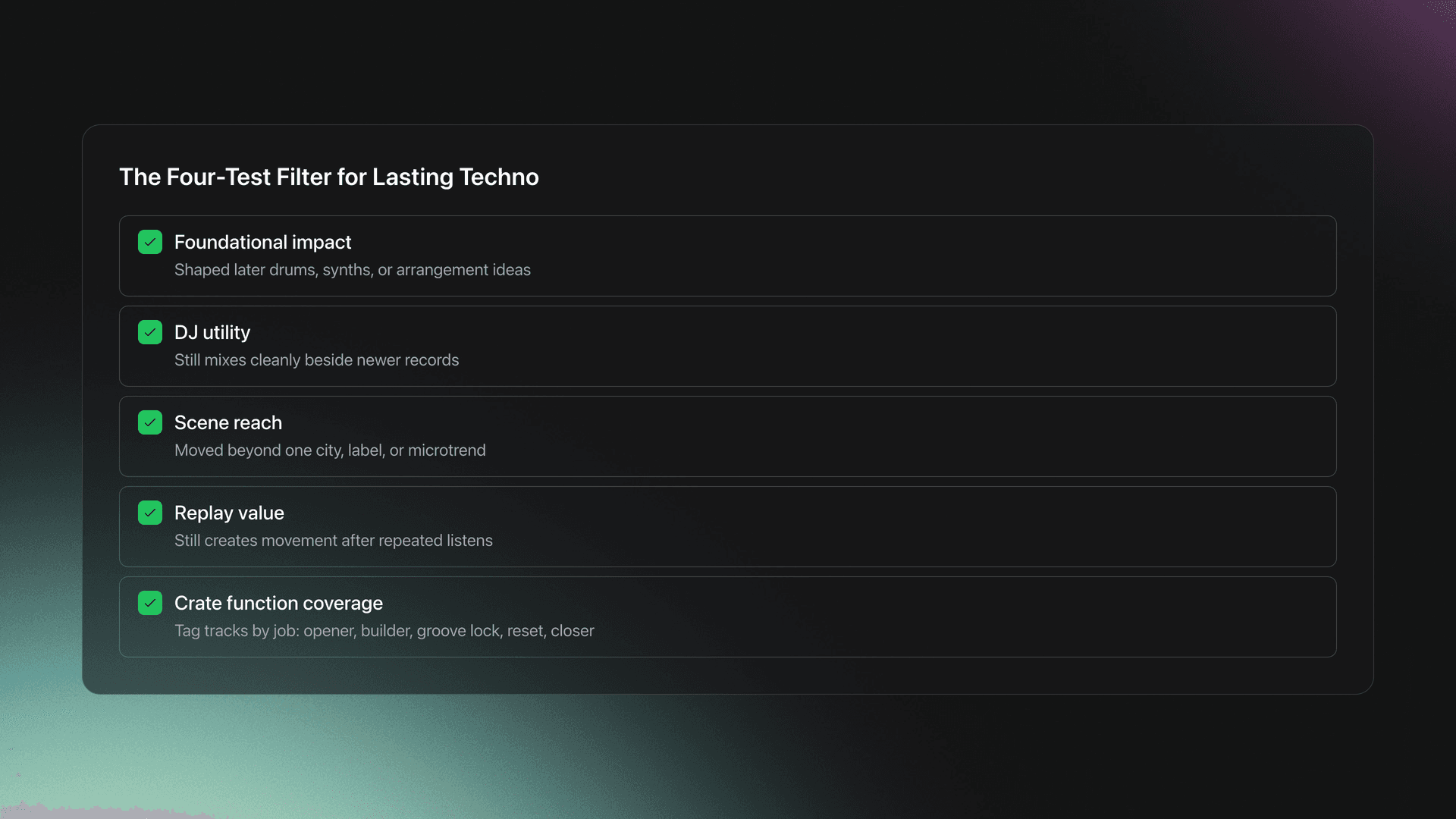 Checklist card showing the four-test filter for evaluating lasting techno songs plus practical crate function coverage