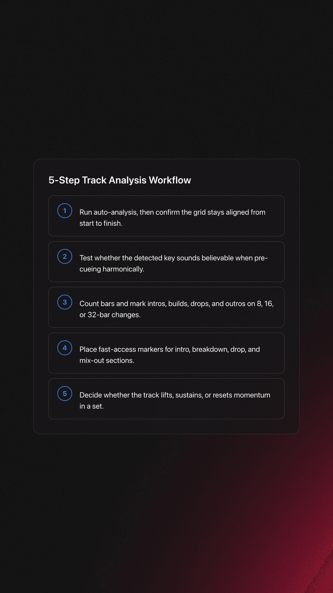 Steps card outlining a five-step track analysis workflow from BPM and grid checks through energy role assignment