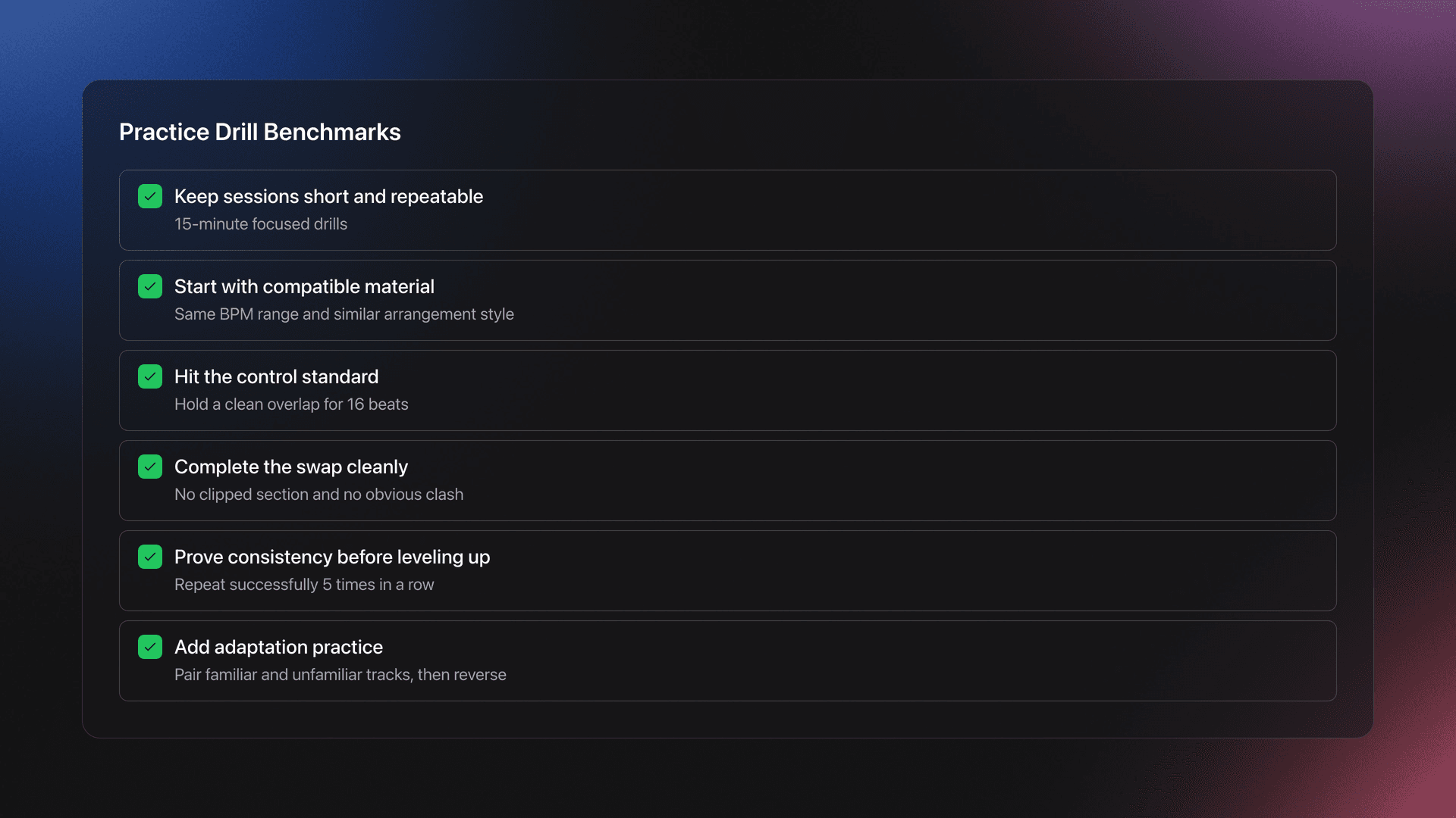 Checklist card showing Track Element Cutting practice benchmarks including session length, overlap target, repetition goal, and adaptation drills