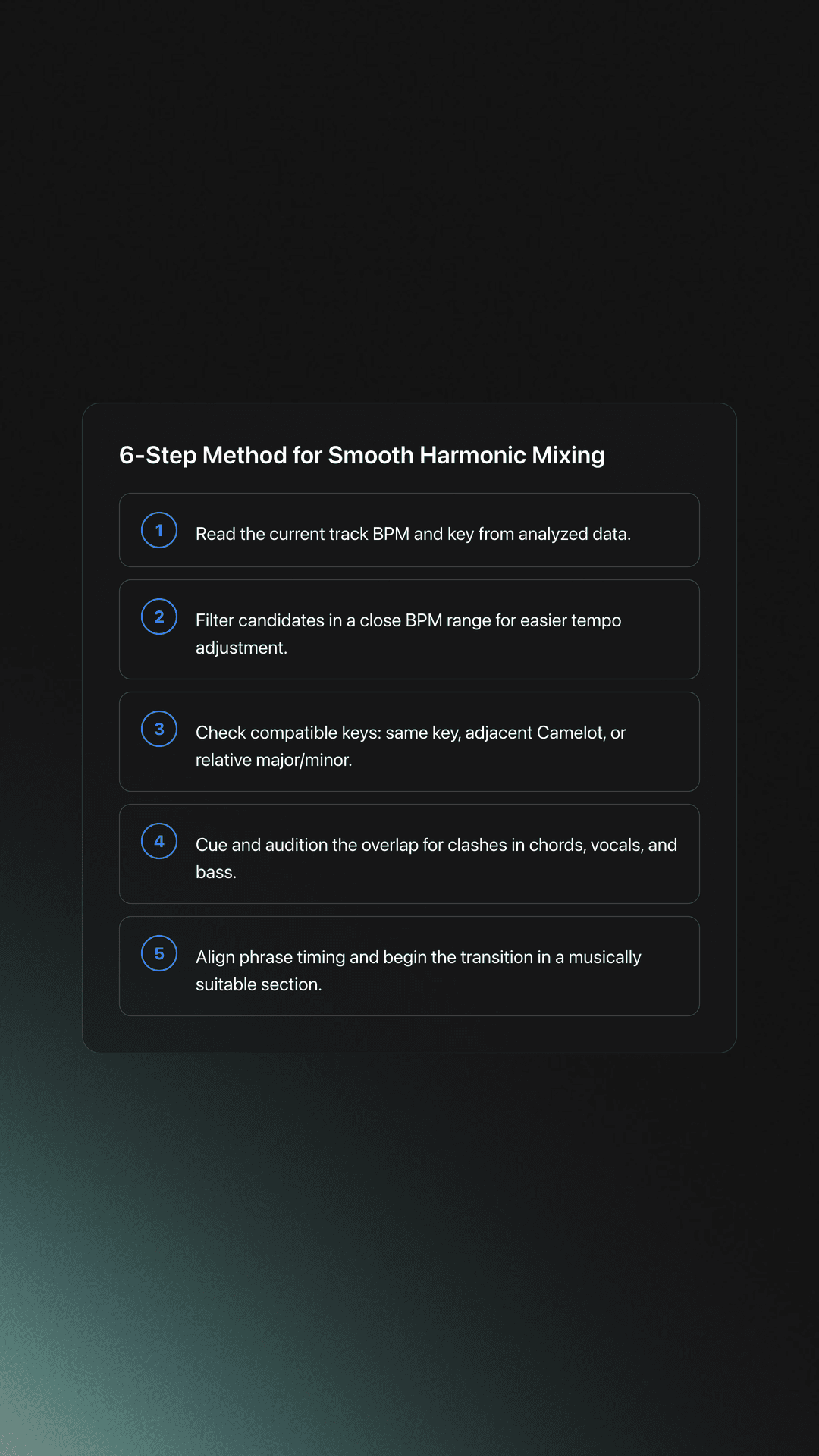 Steps card showing a five-step workflow for matching tracks by BPM and key, from reading metadata to starting the transition