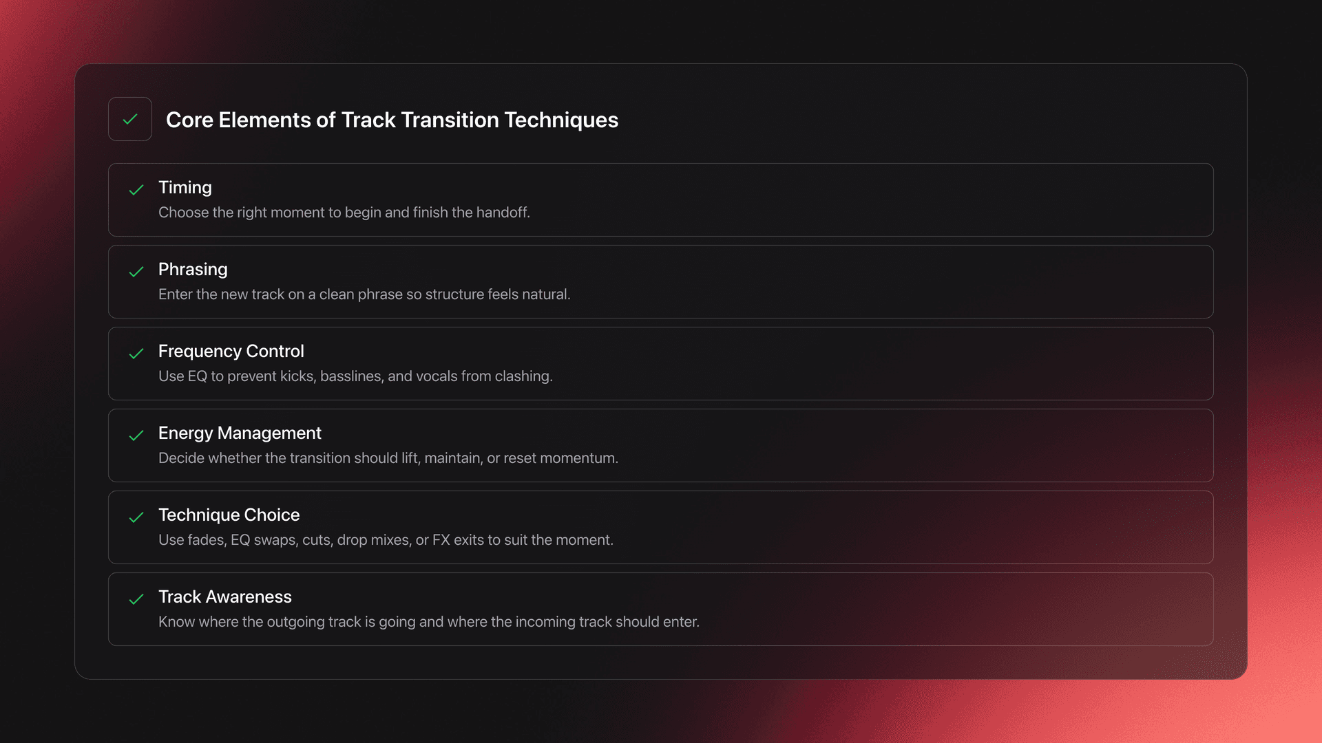 Feature card showing the six core elements of track transition techniques: timing, phrasing, frequency control, energy management, technique choice, and track awareness