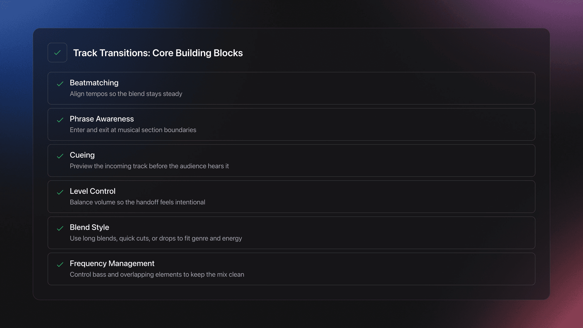Feature card showing the main components of track transitions including beatmatching, phrase awareness, cueing, level control, blend style, and frequency management
