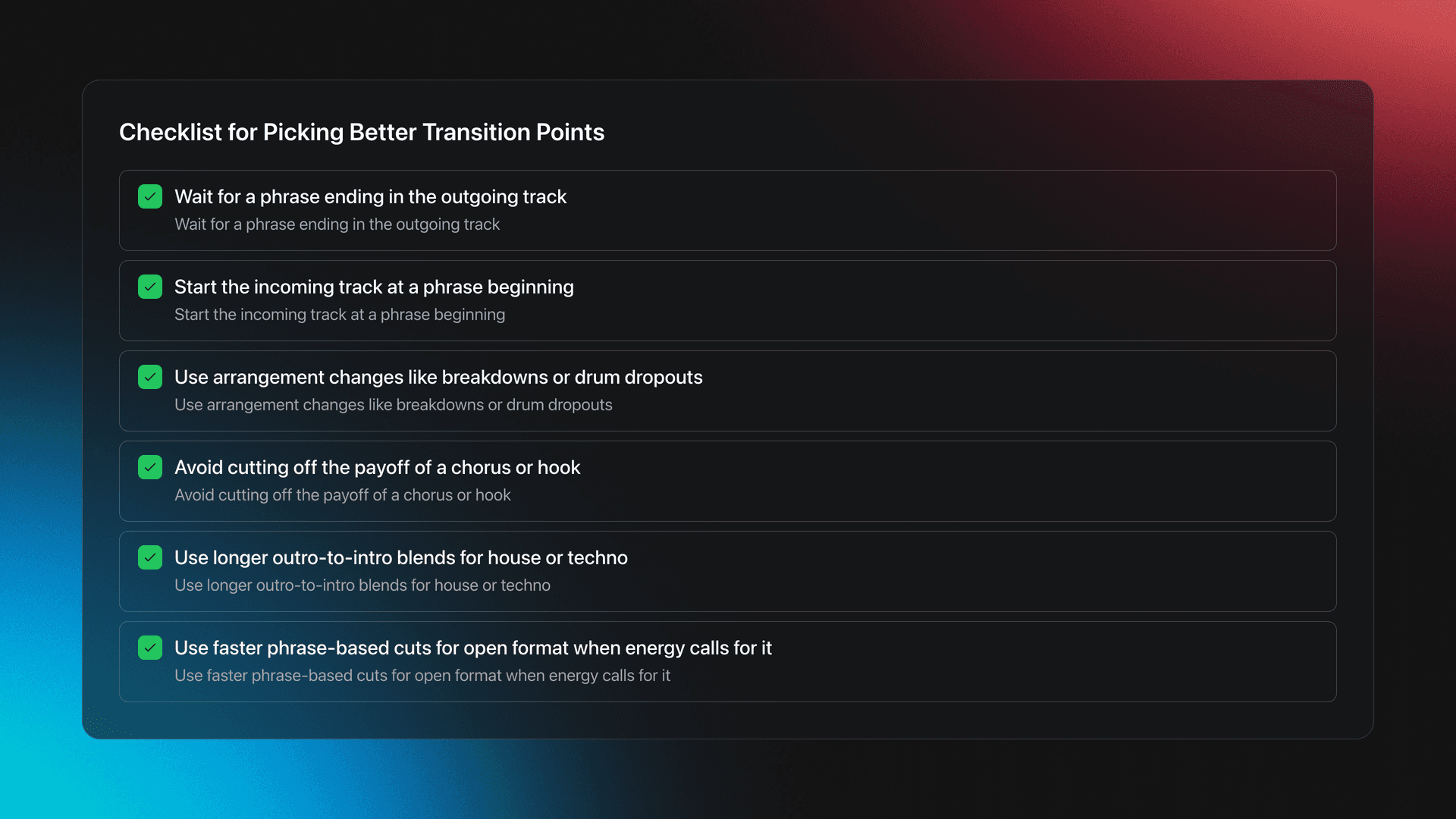 Checklist card showing how to choose better transition points by watching phrase endings, phrase beginnings, arrangement changes, chorus payoffs, and genre-appropriate timing