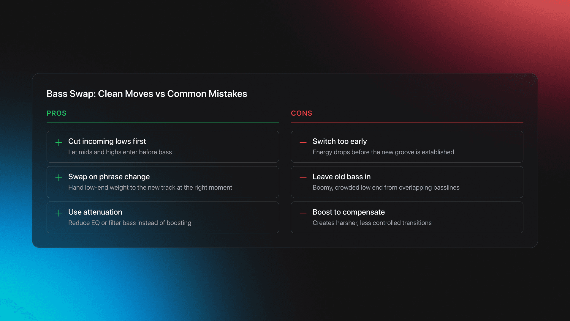 Pros and cons style card showing correct bass swap techniques on one side and common low-end mistakes on the other