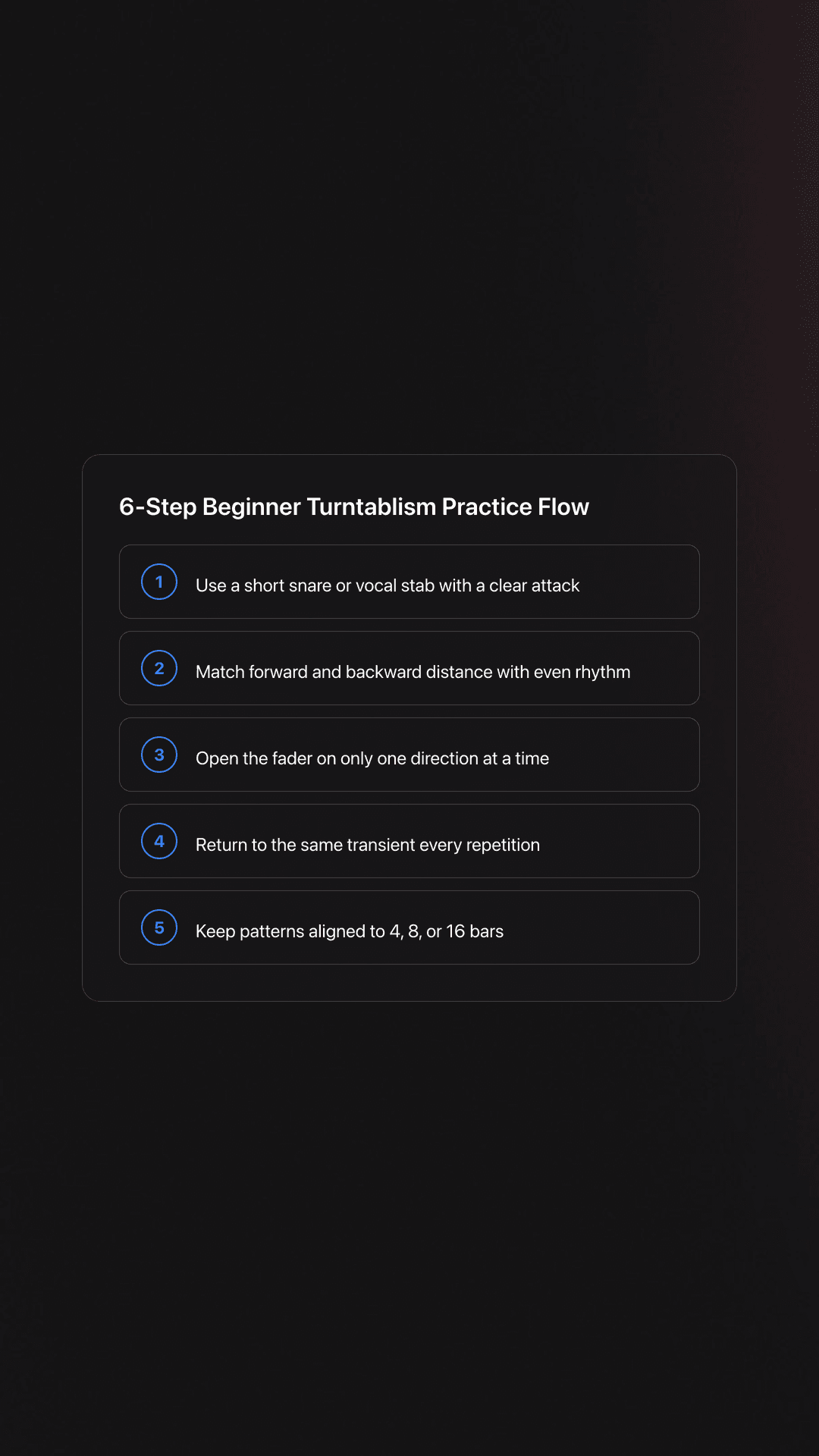 Steps card outlining a beginner turntablism workflow from choosing one sound to counting bars