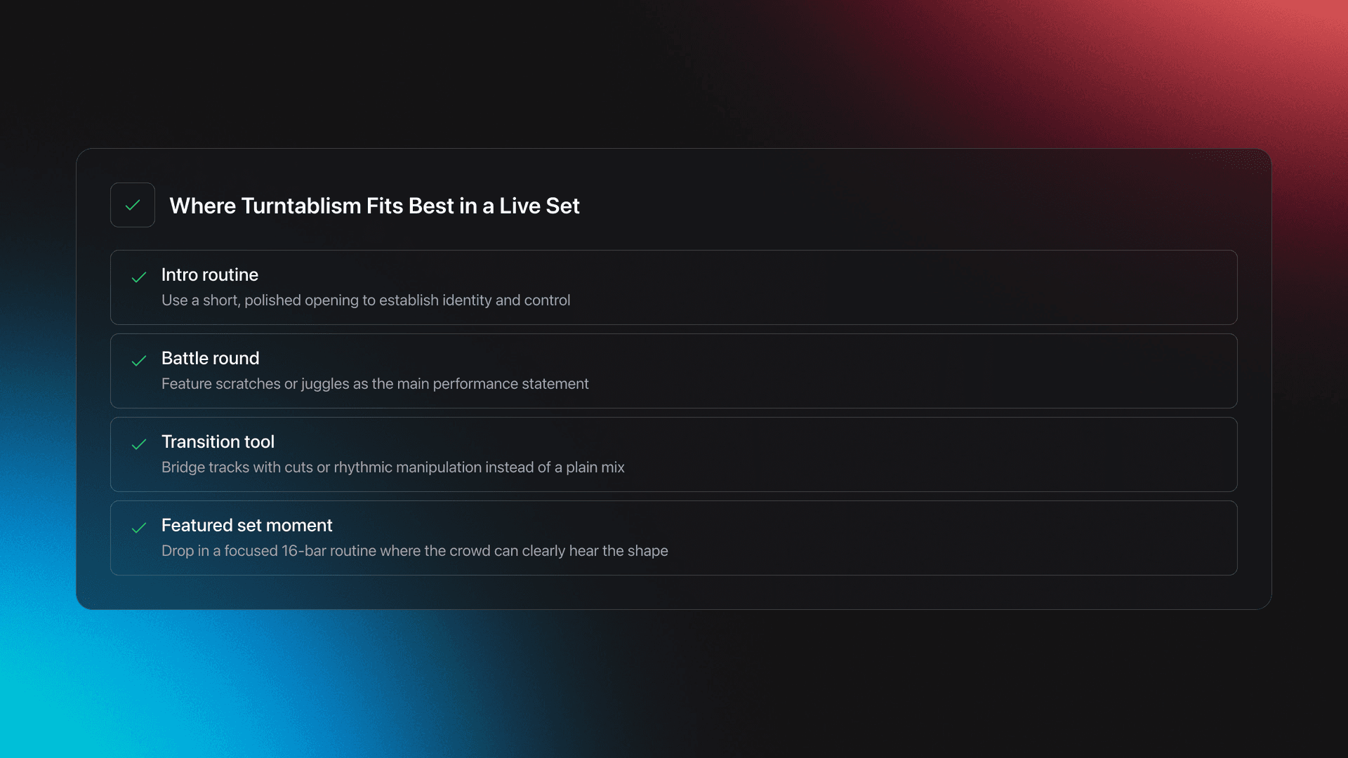 Feature card showing four practical roles for turntablism in real performance: intro routine, battle round, transition tool, and featured set moment