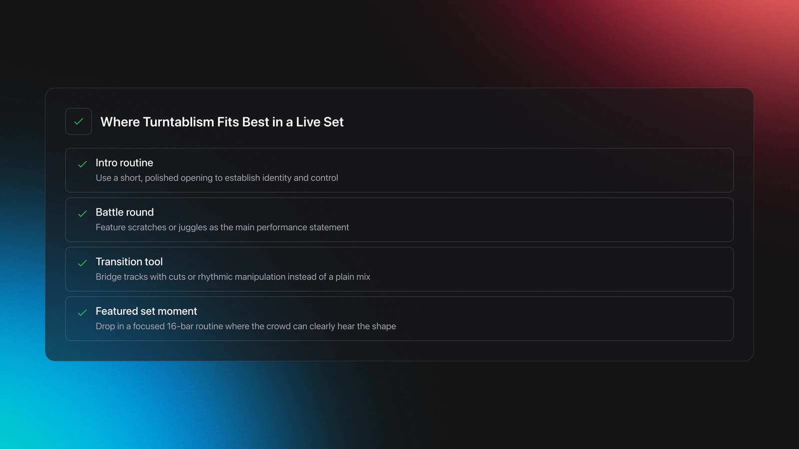 Feature card showing four practical roles for turntablism in real performance: intro routine, battle round, transition tool, and featured set moment