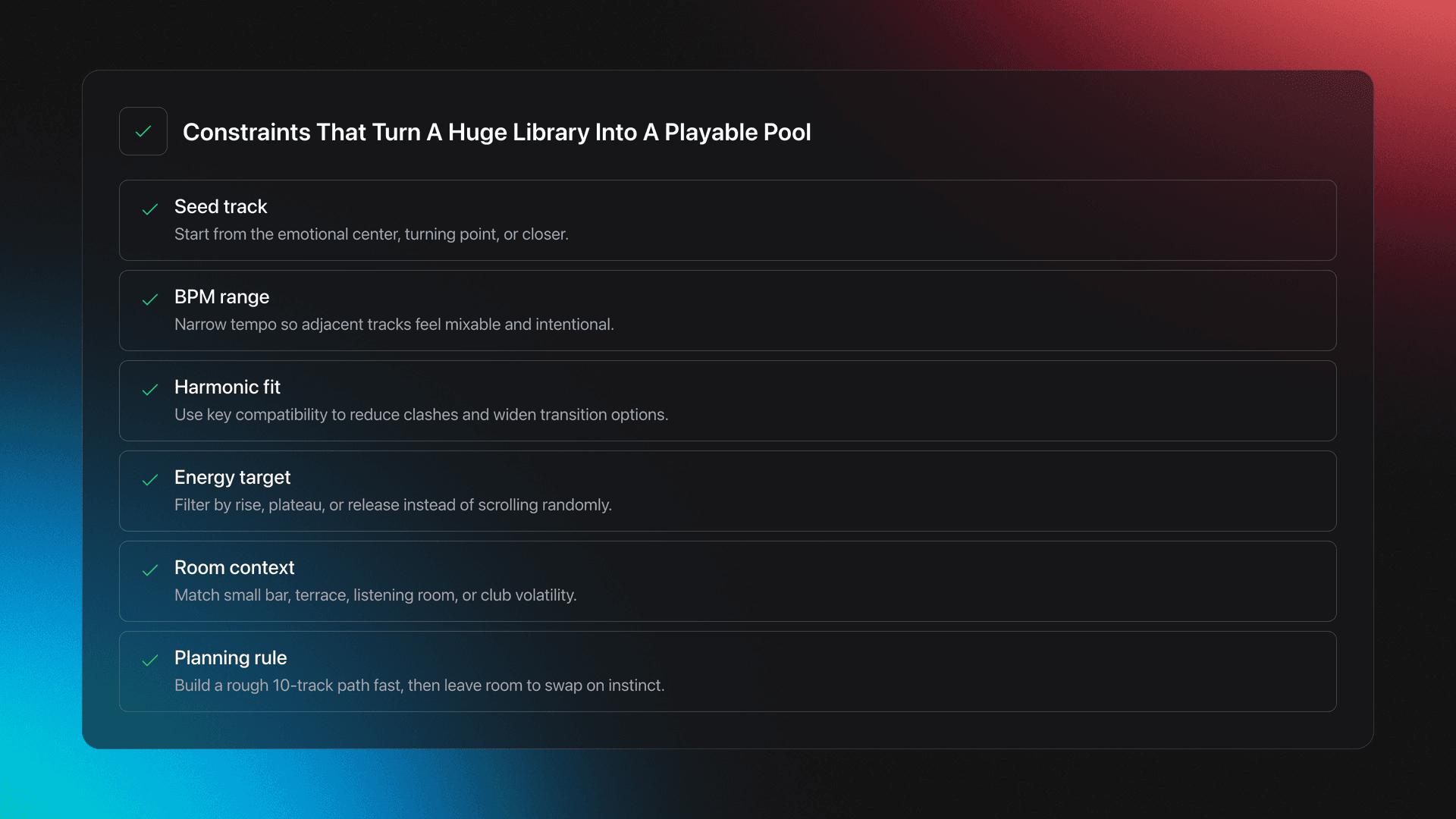 Feature card listing the main constraints DJs can use to plan better sets from a Virtual DJ library
