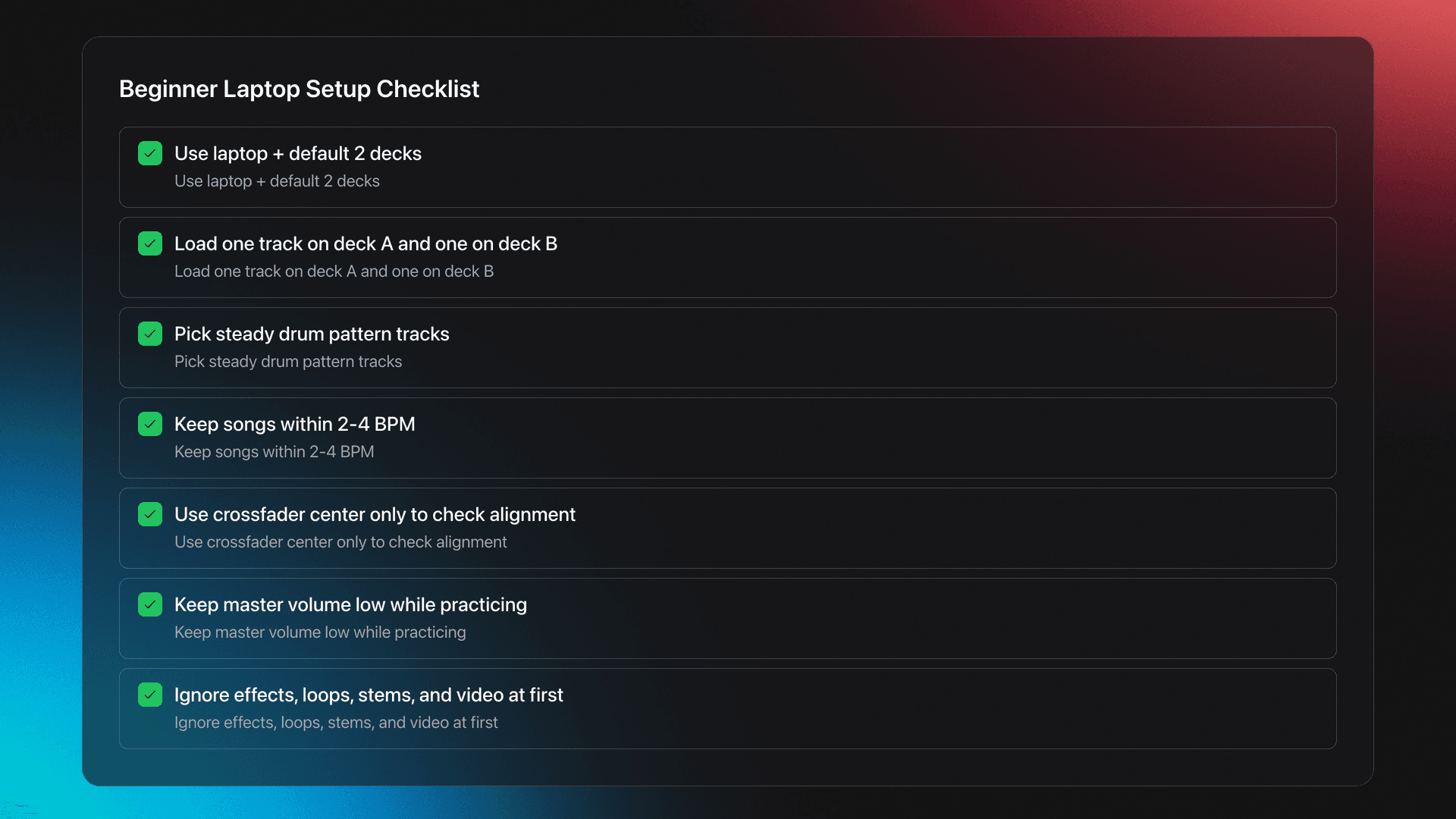 Checklist card showing the recommended beginner VirtualDJ laptop setup steps and practice rules
