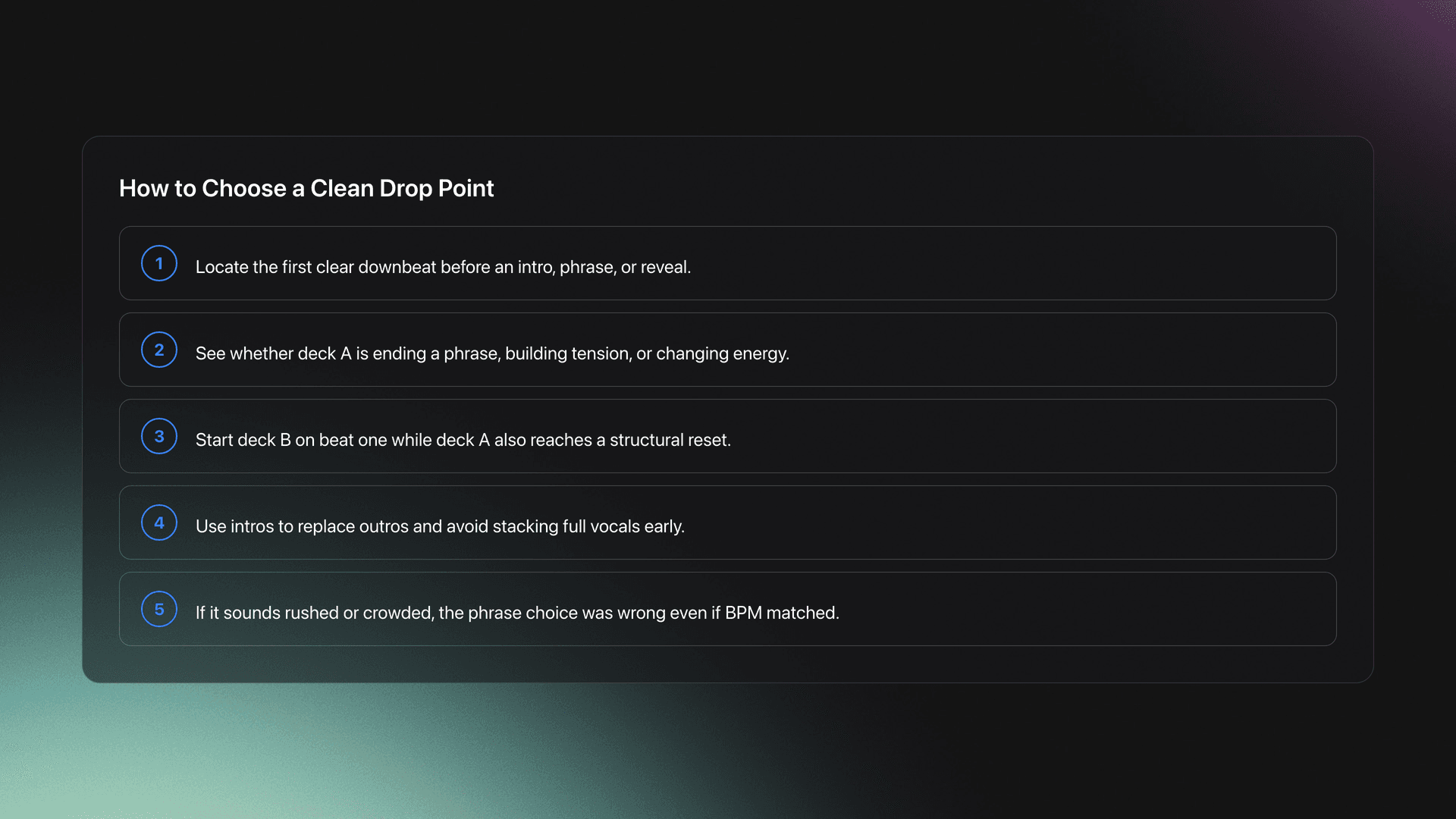 Step-by-step card showing how to choose cue points and drop points for a clean phrase-to-phrase transition