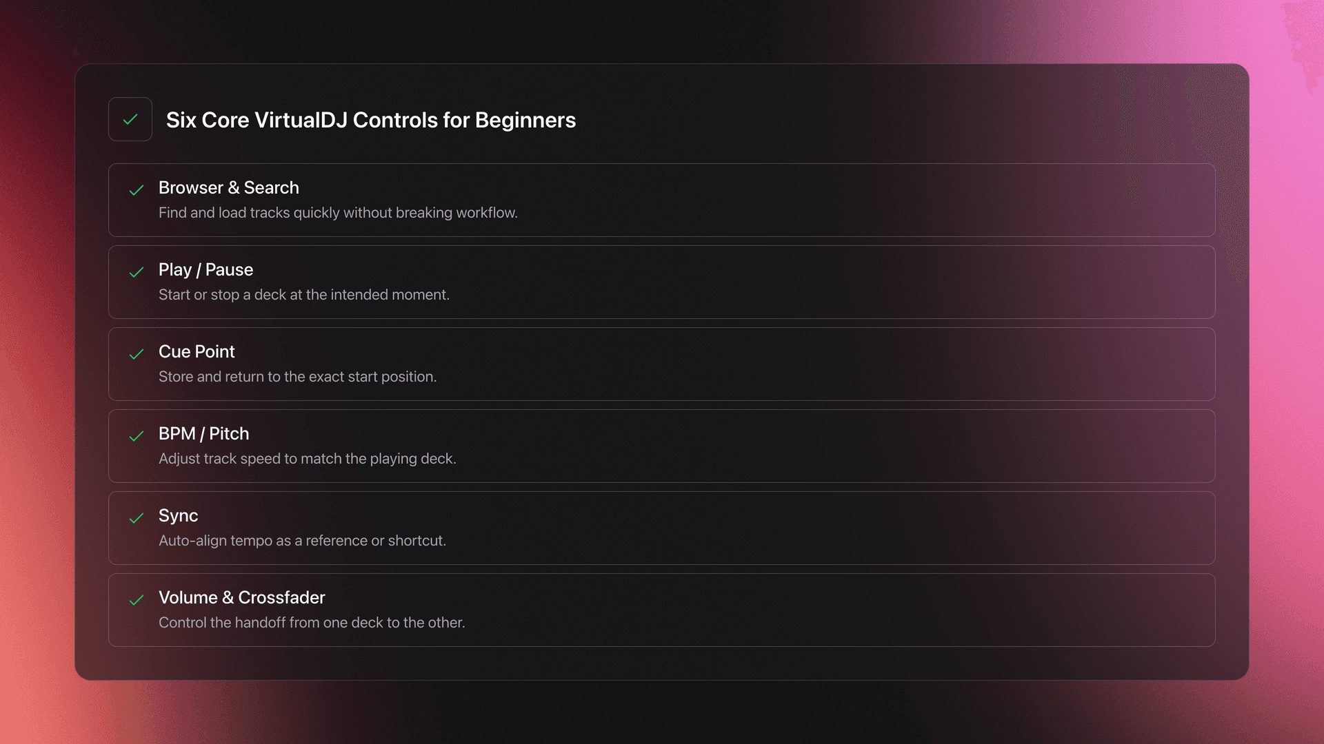 Feature card listing the six essential VirtualDJ controls beginners should learn first