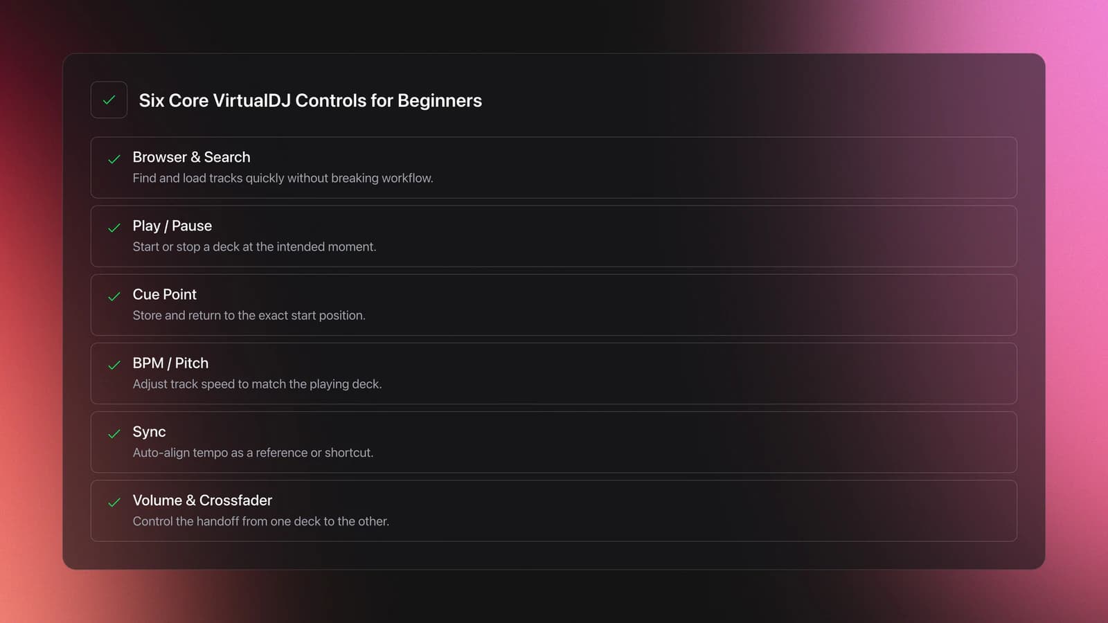 Feature card listing the six essential VirtualDJ controls beginners should learn first