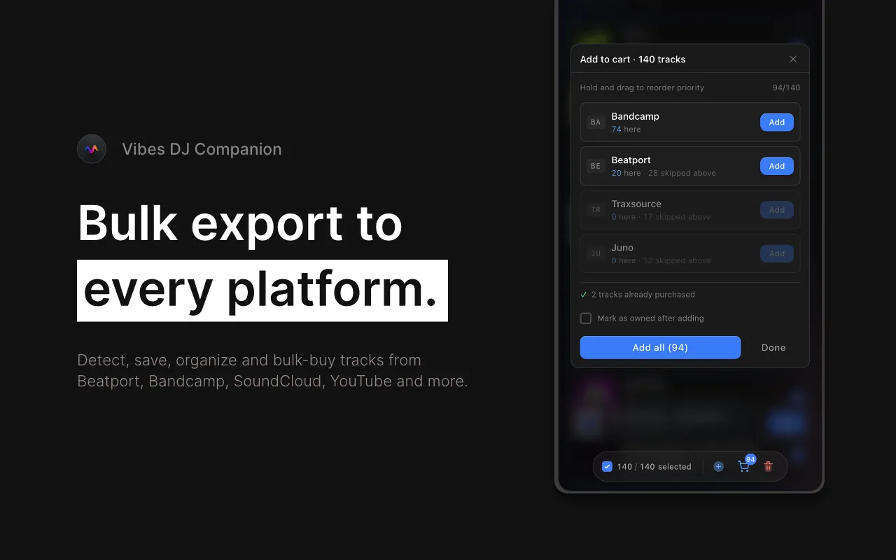 Bulk-adding a crate of tracks to cart across Beatport, Bandcamp and Traxsource