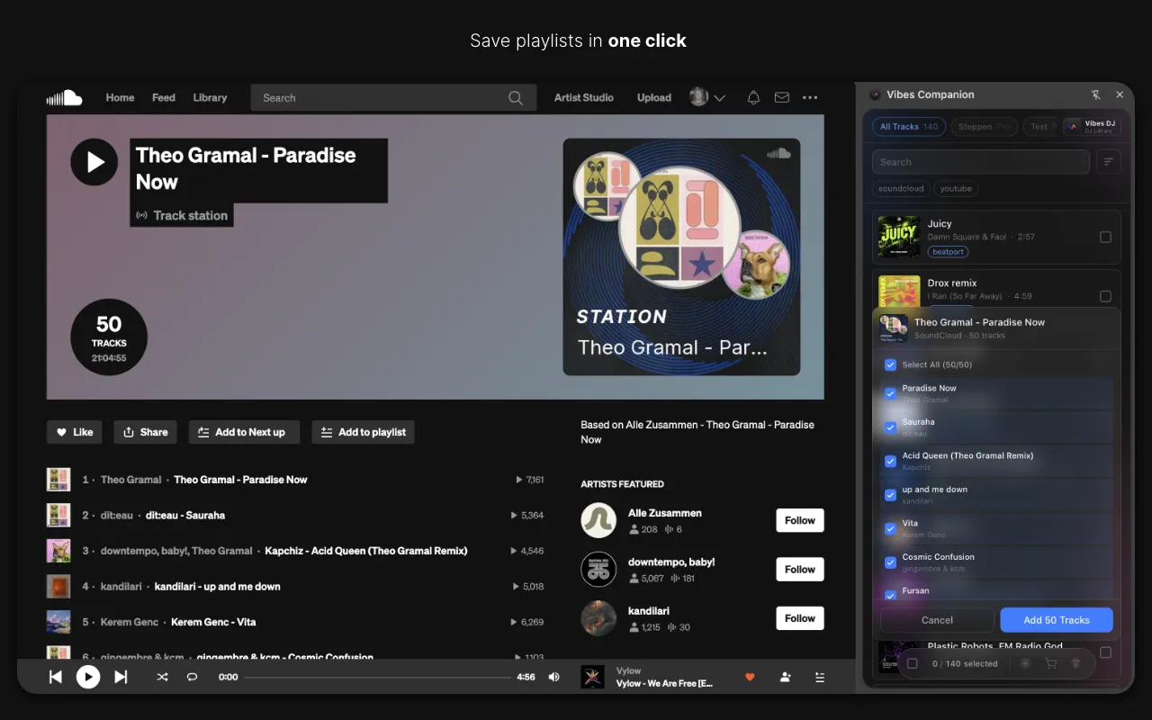Vibes Companion saving a track from a music platform into the Vibes library