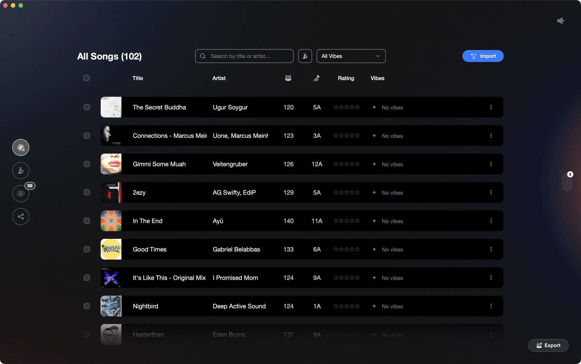Vibes library view organized for radio show planning